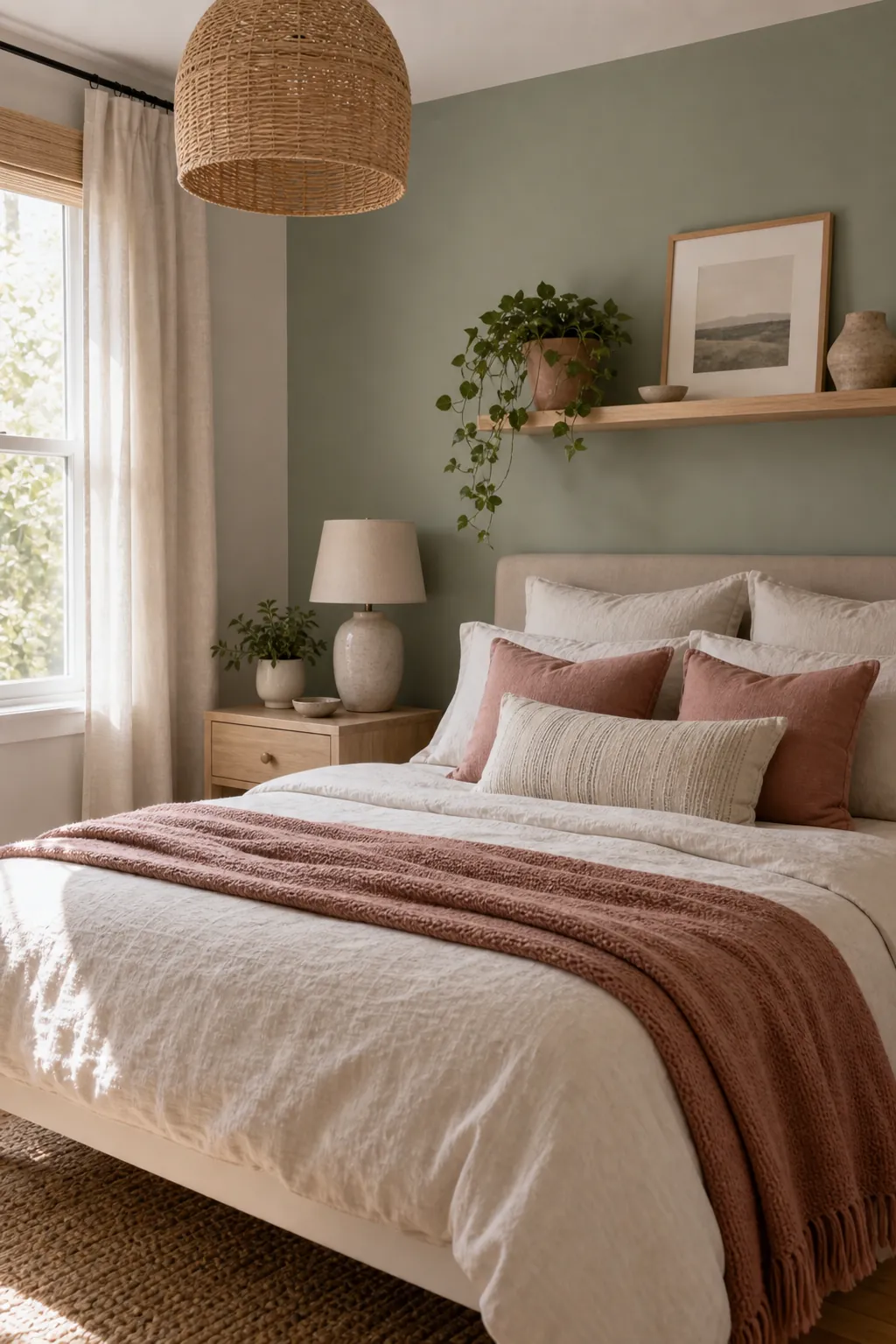 Sage green room paint colour with clay pink accents and natural textures