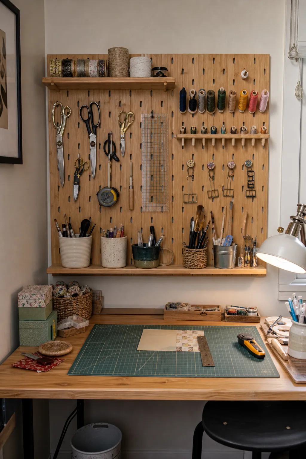 Bamboo pegboard craft room wall with organized tools and natural storage