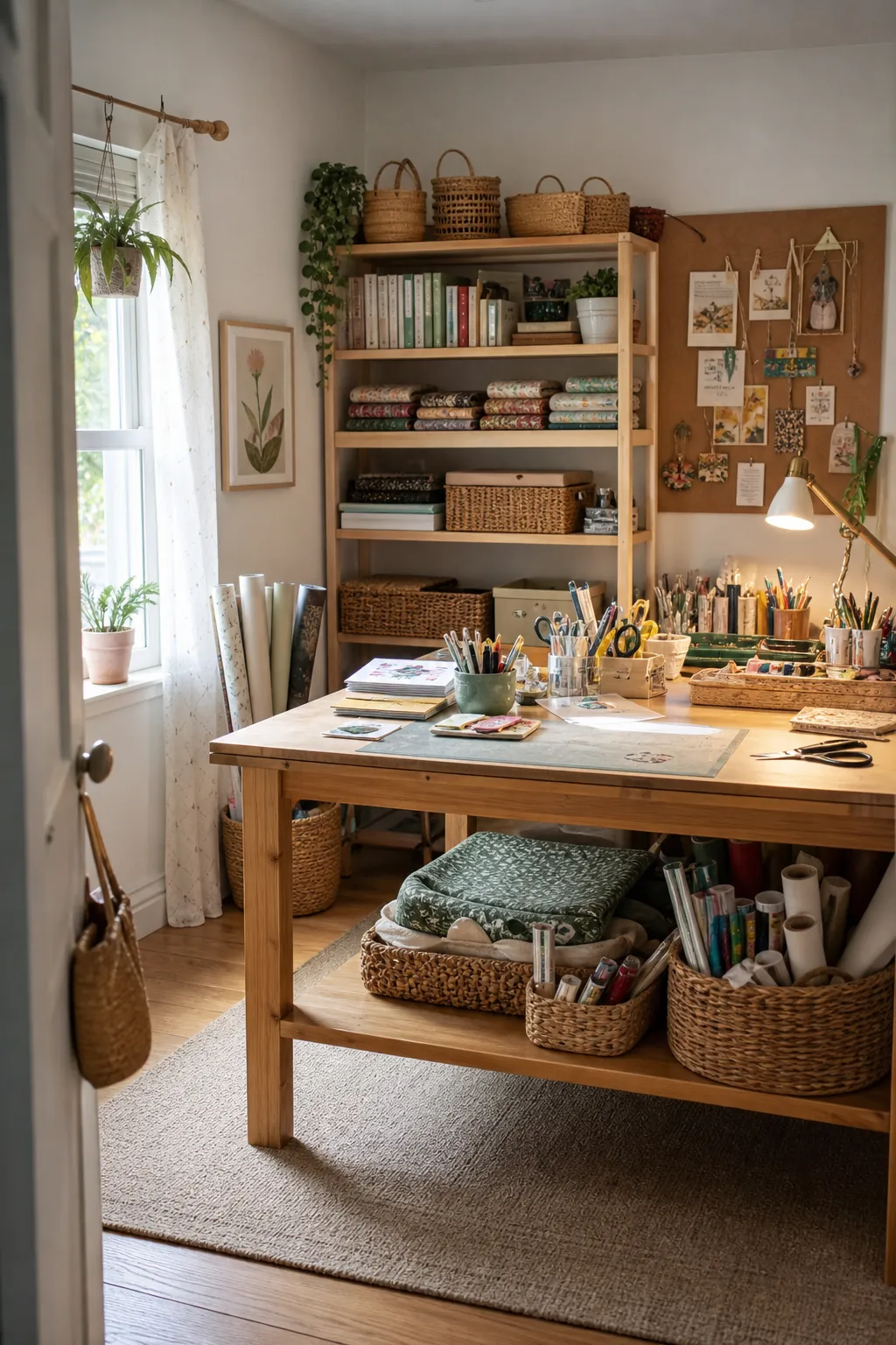 Cozy craft room inspiration with bamboo storage, natural shelves, and organized supplies