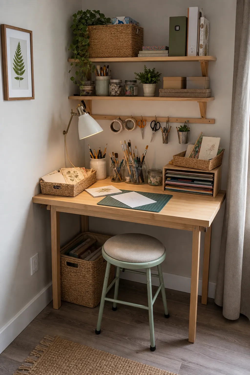 Small corner craft desk with shelves and organized supplies for tight spaces