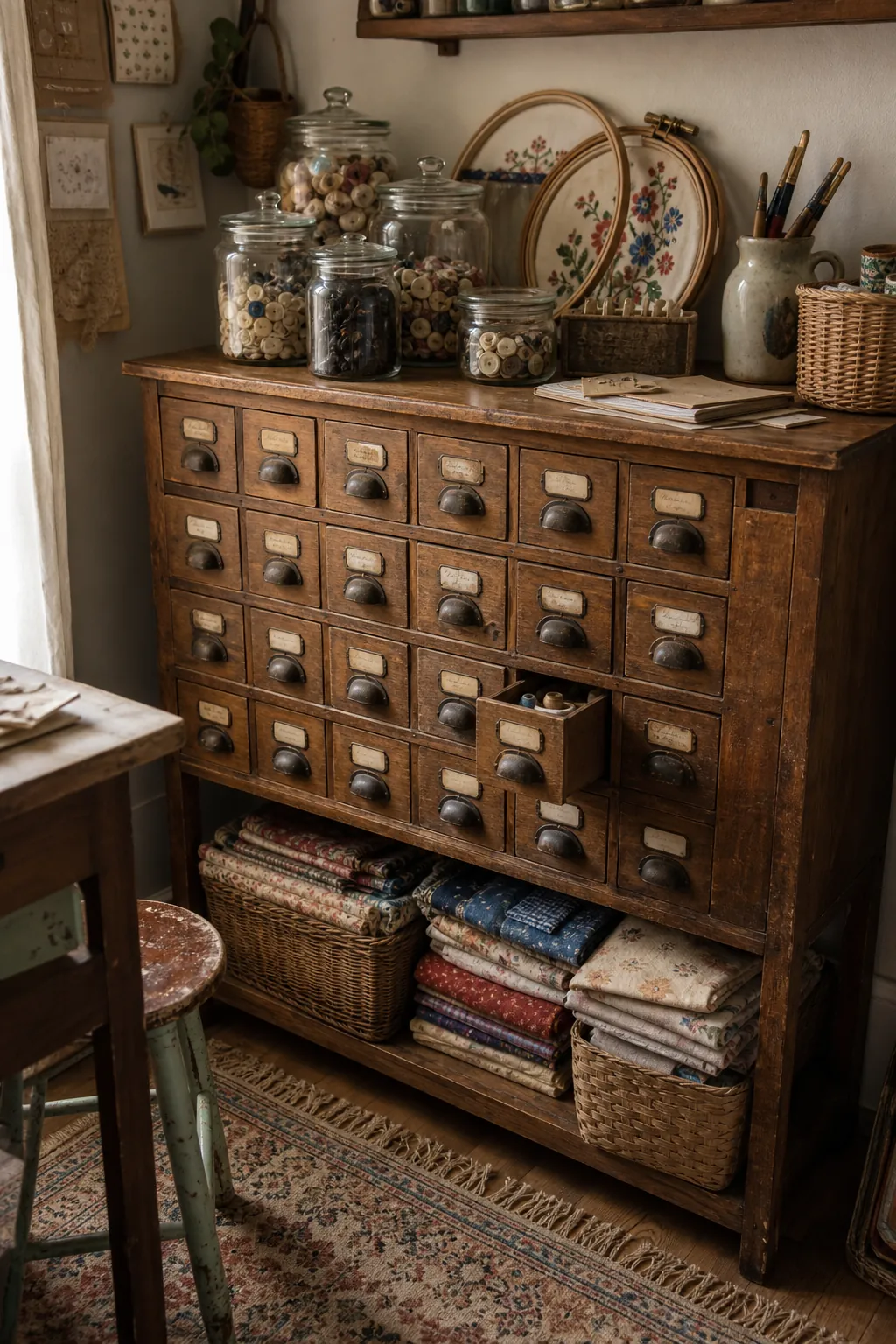 Vintage craft room cabinet with labeled drawers, fabric, and natural baskets