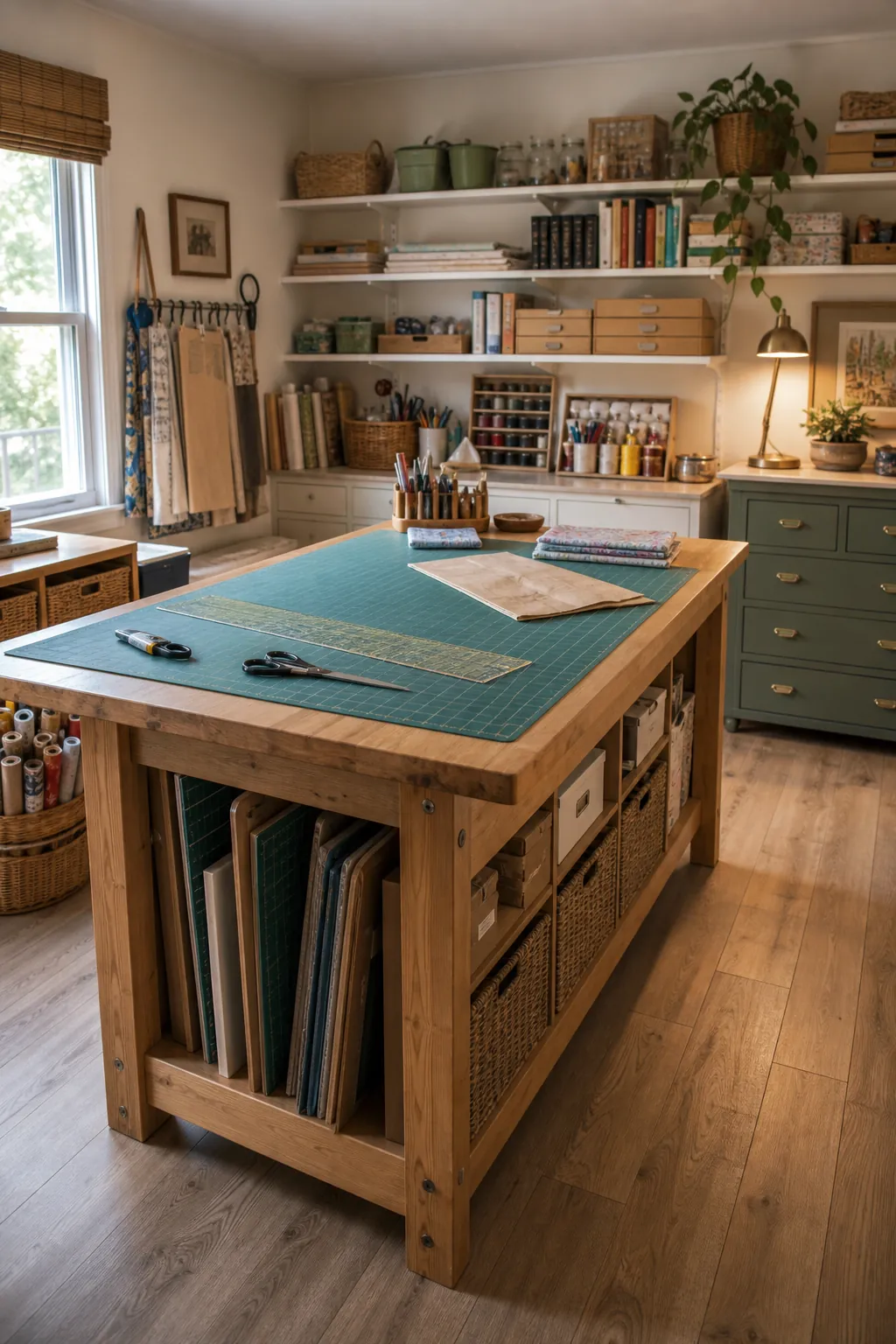 Craft room layout with center cutting table, under-table storage, and wall shelves