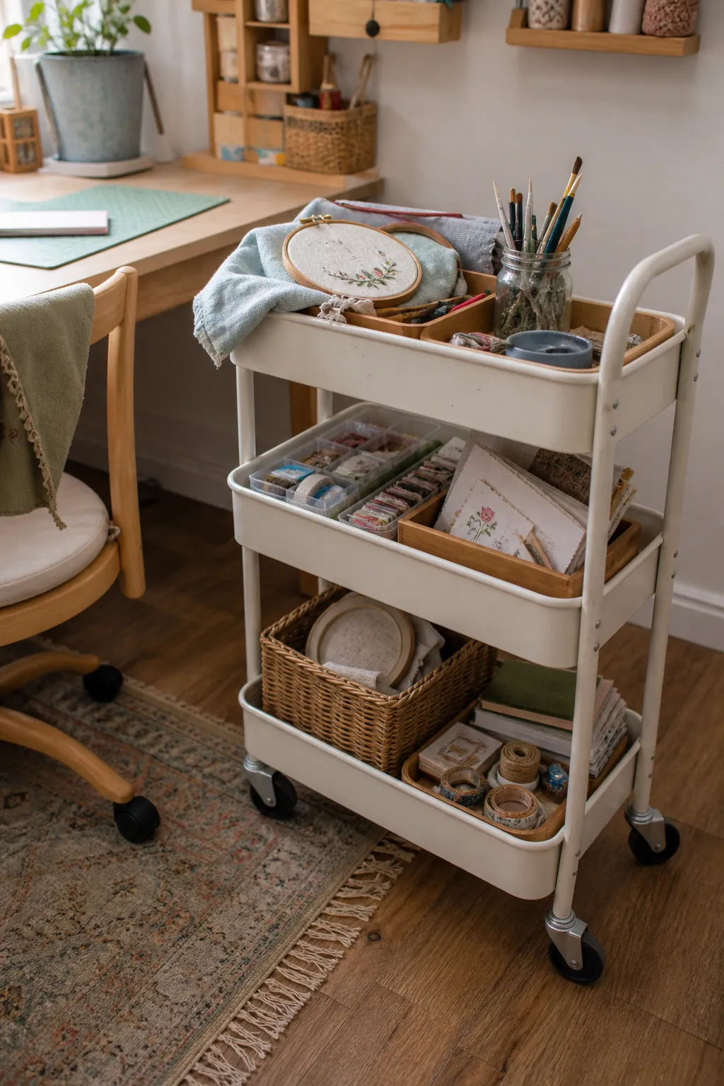 Rolling craft cart beside small craft area with current project supplies