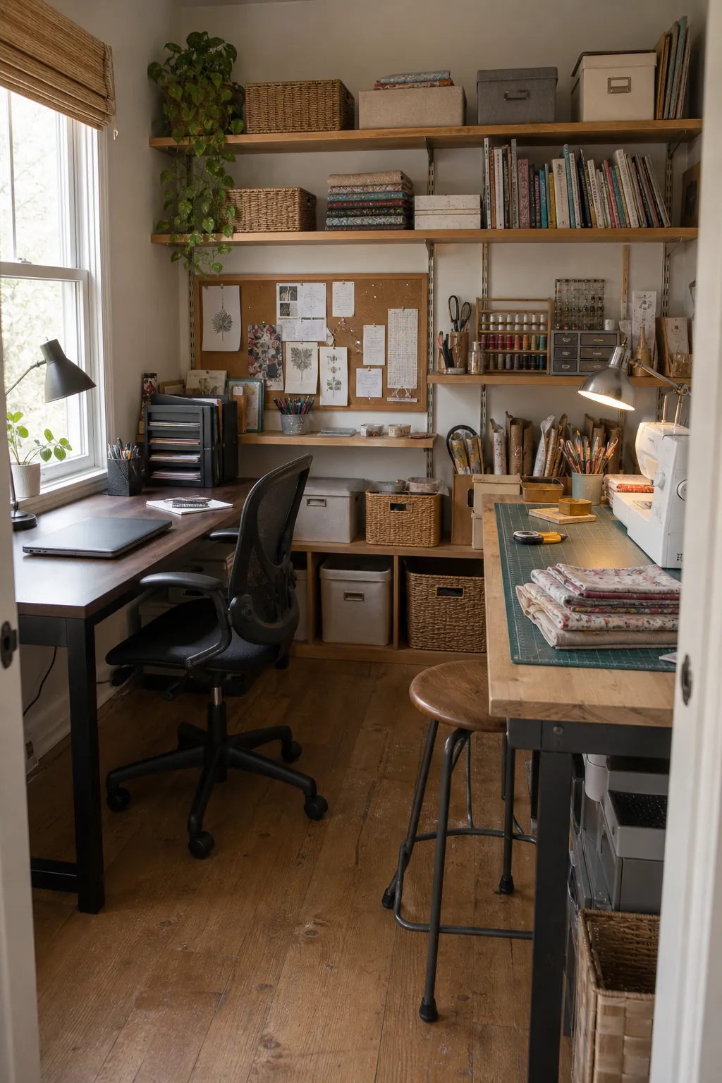 Office and craft room combined with computer desk, sewing table, and natural shelves