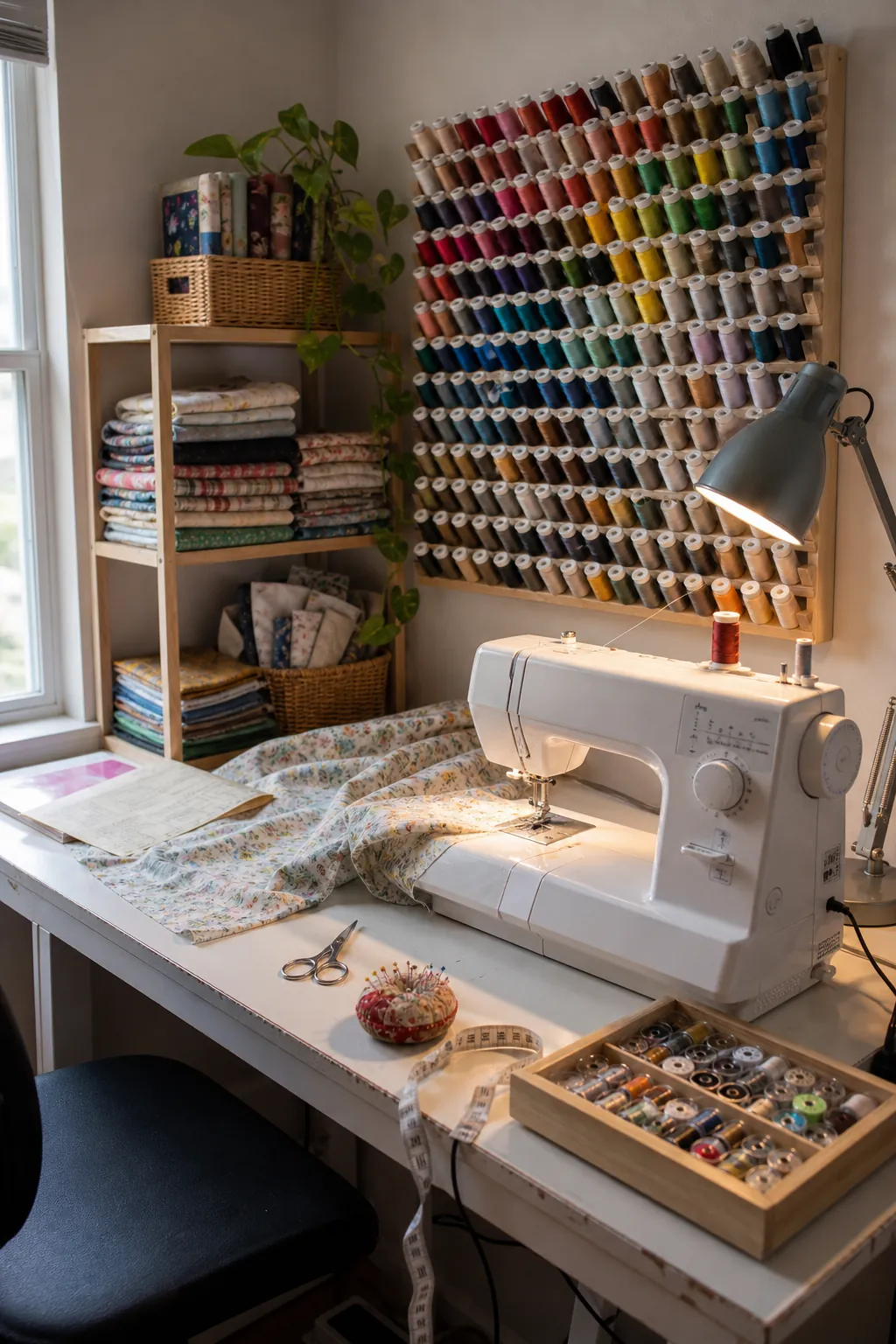 Sewing room thread wall with machine table, fabric shelves, and task lighting