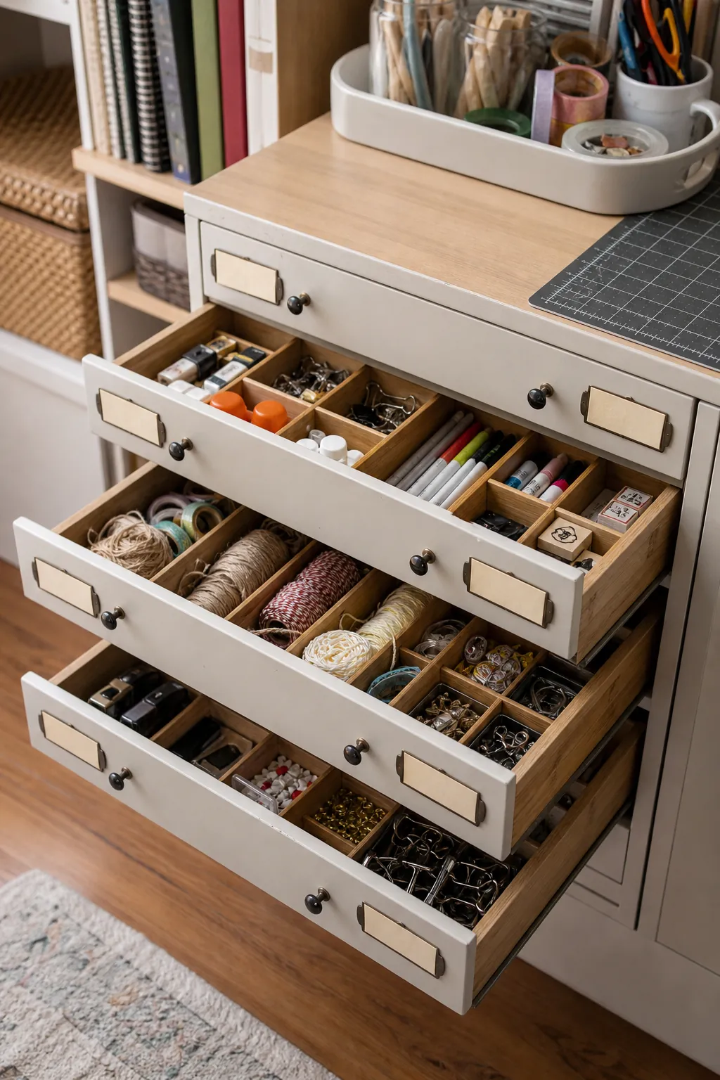 Labeled craft drawers with dividers for small supplies in an organized craft room