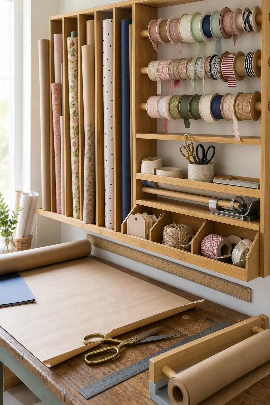 Wall storage for craft paper, ribbon rolls, and wrapping supplies in a craft room
