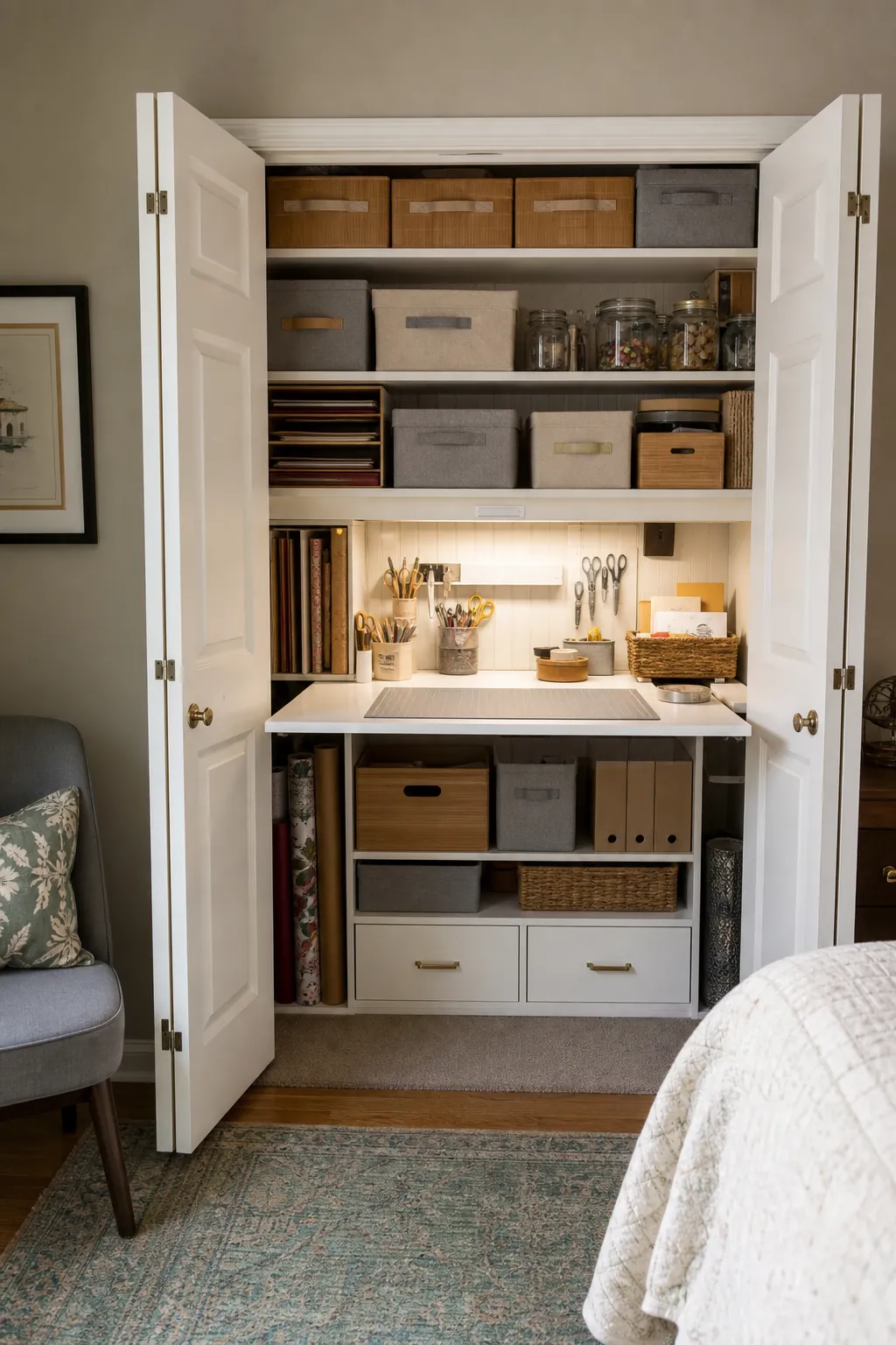Craft closet with closed storage shelves, bins, and fold-out work surface