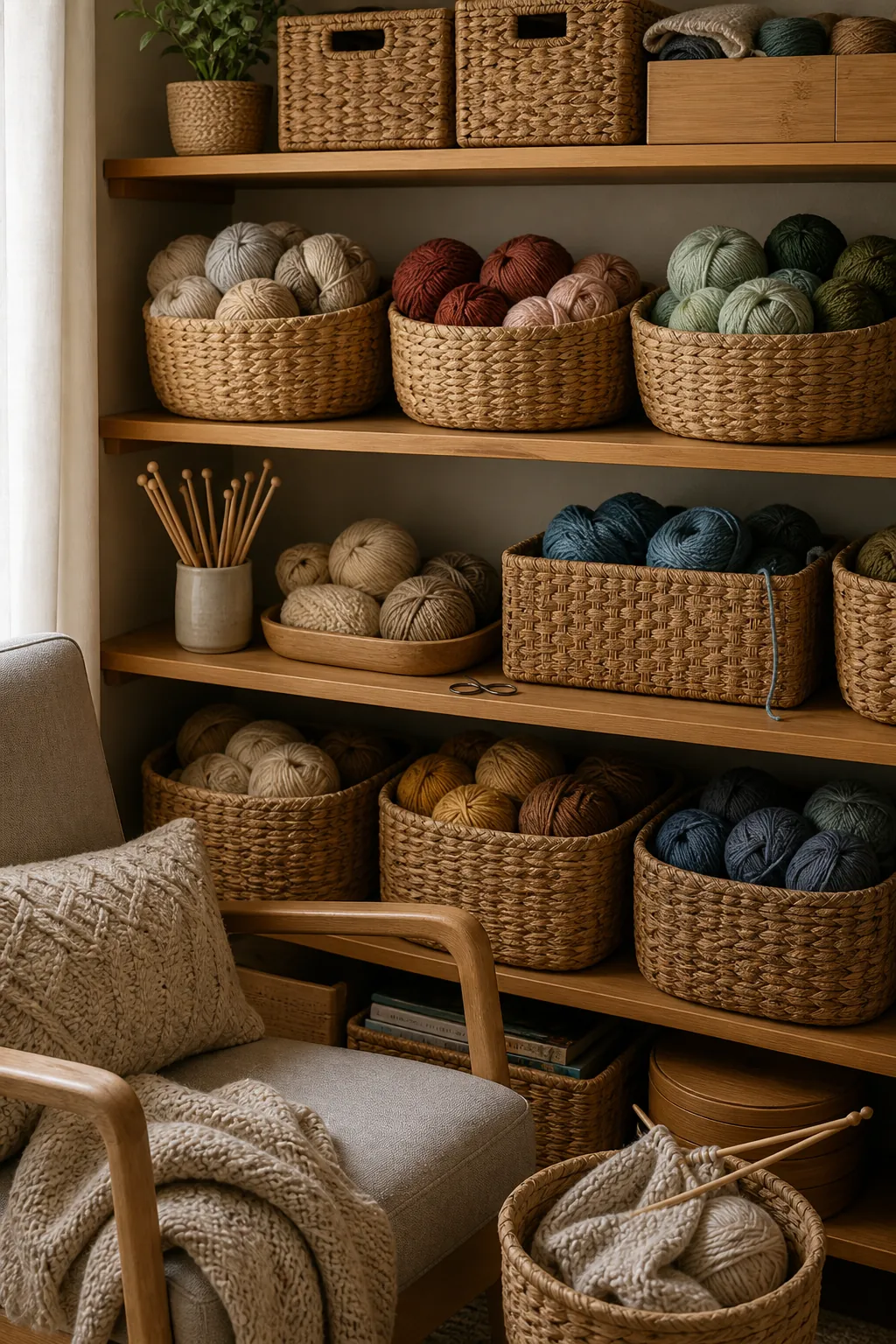 Natural basket yarn shelves with bamboo accents in a cozy craft room