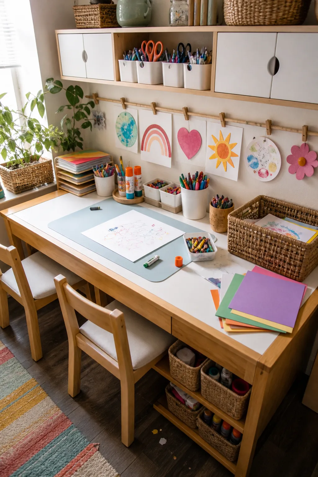 Kid friendly craft table with washable surface, jars, and family art supplies