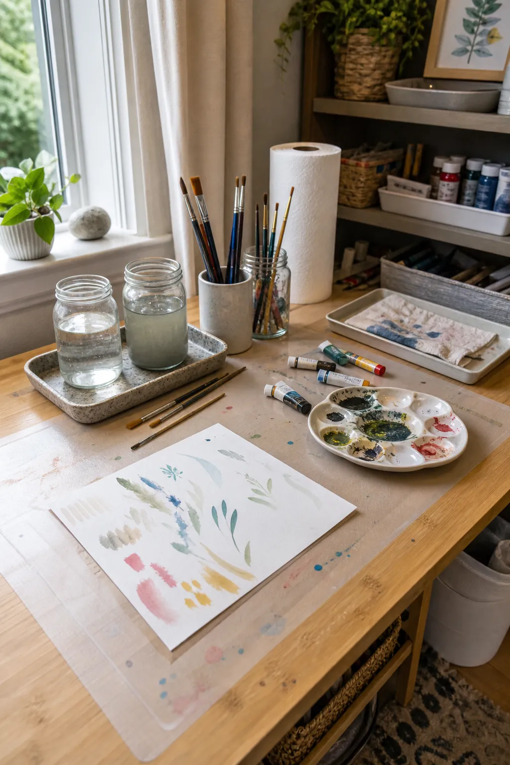 Paint station by a window with brushes, jars, and protected bamboo tabletop