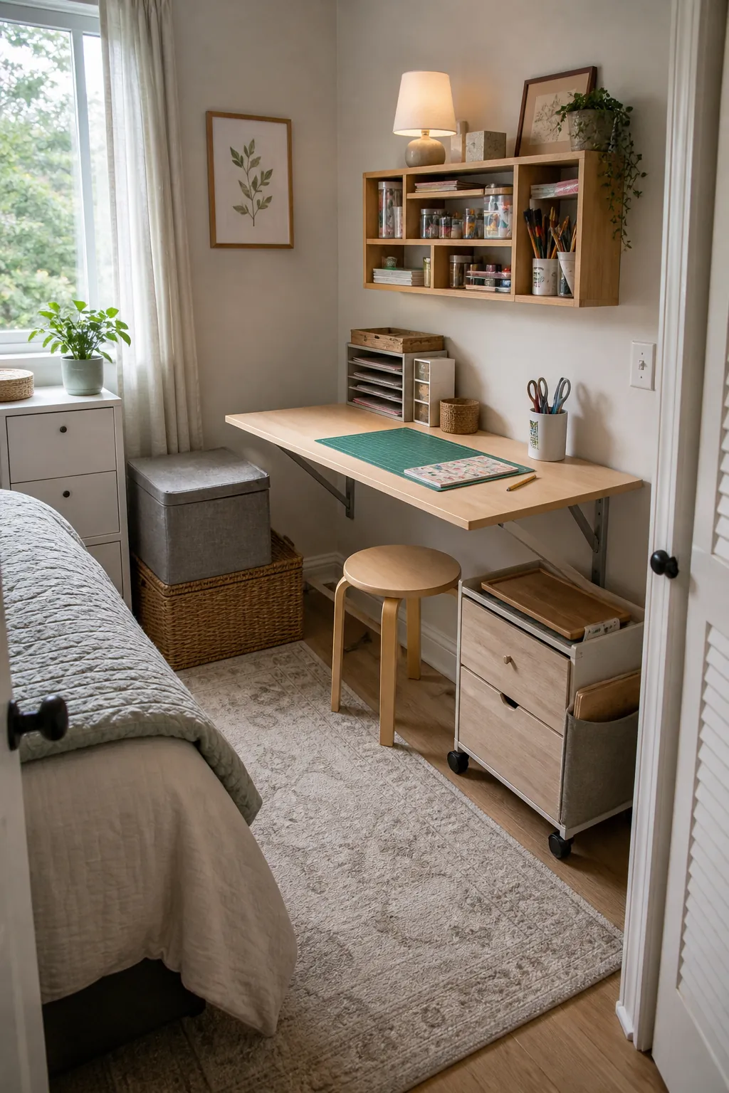 Foldaway craft space in a guest room with wall desk and hidden storage