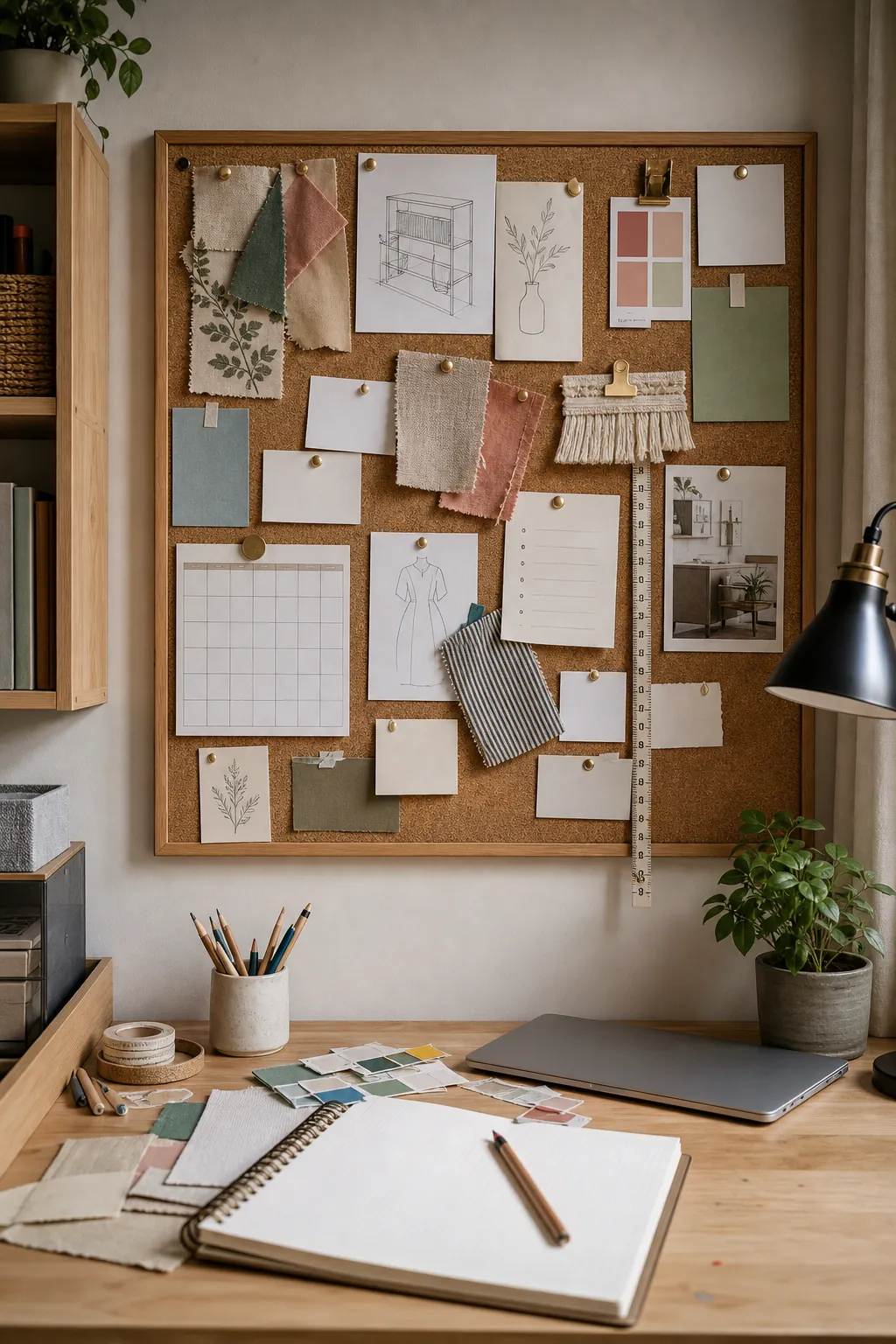 Craft room bulletin board with sketches, swatches, calendar, and project notes