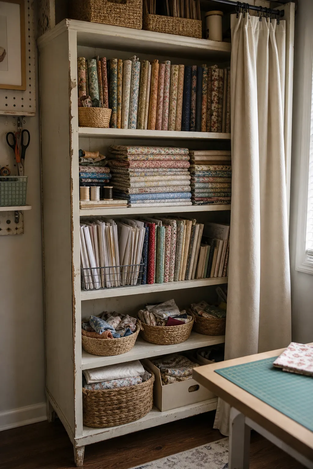 Thrifted bookshelf used for fabric storage with folded mini bolts and baskets