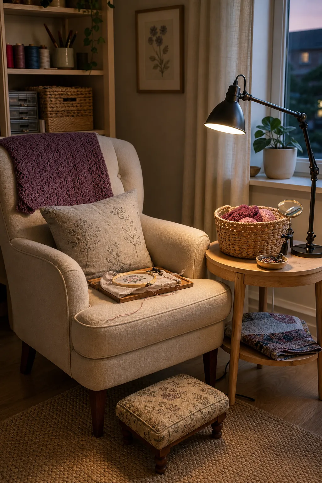Comfortable craft room chair with task light and handwork basket
