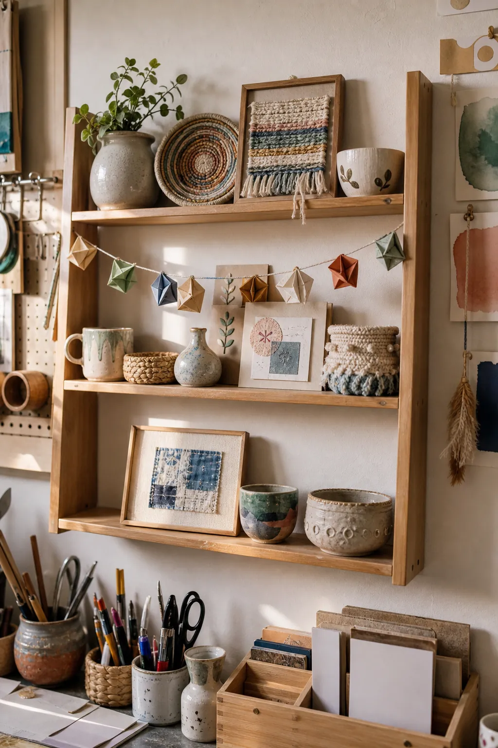 Finished craft display shelf with handmade pieces, natural wood, and warm craft room decor
