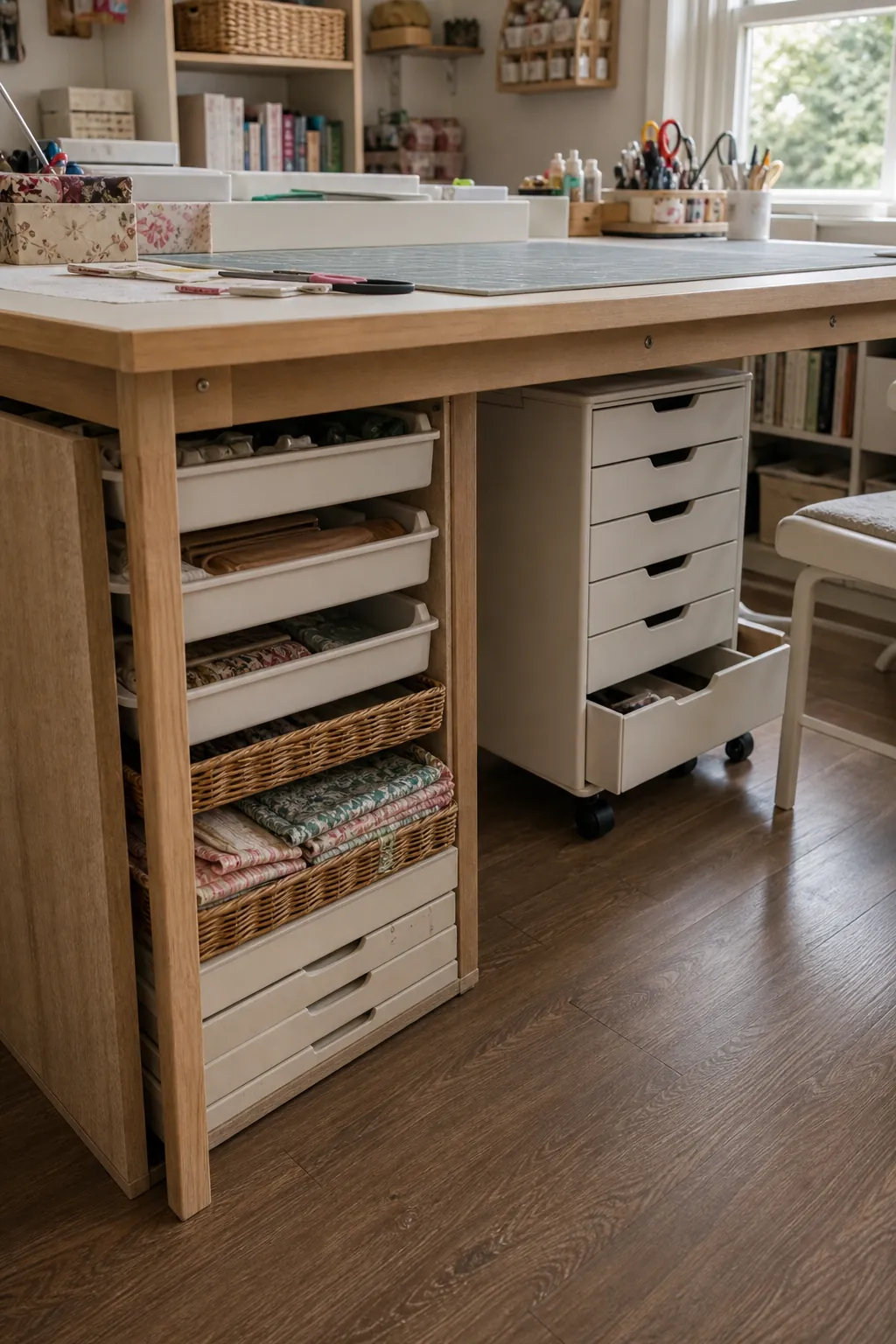 Under table craft storage with bins, drawers, and clear floor paths in a hobby room