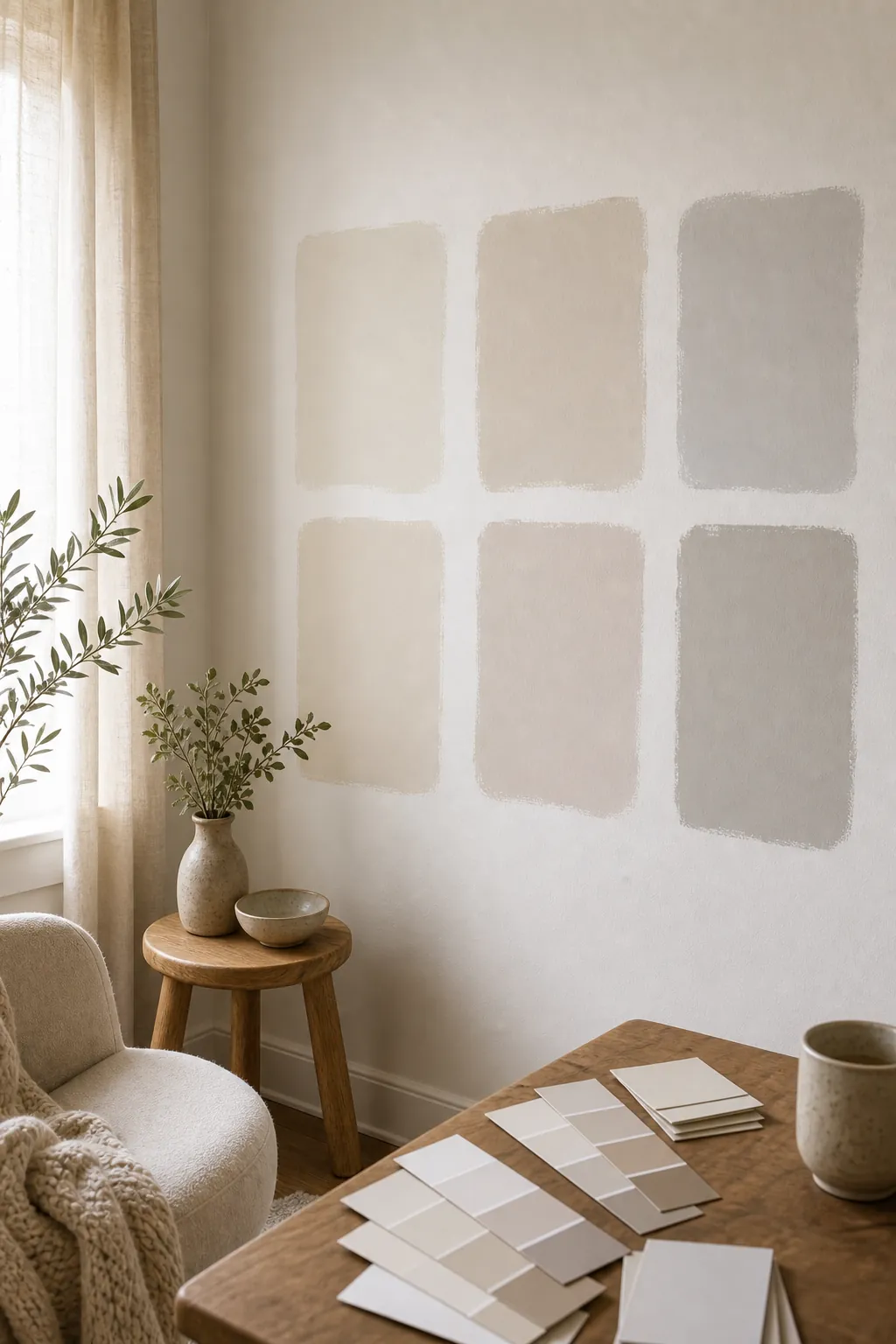 Light paint samples on a small room wall showing warm, cool, and neutral undertones