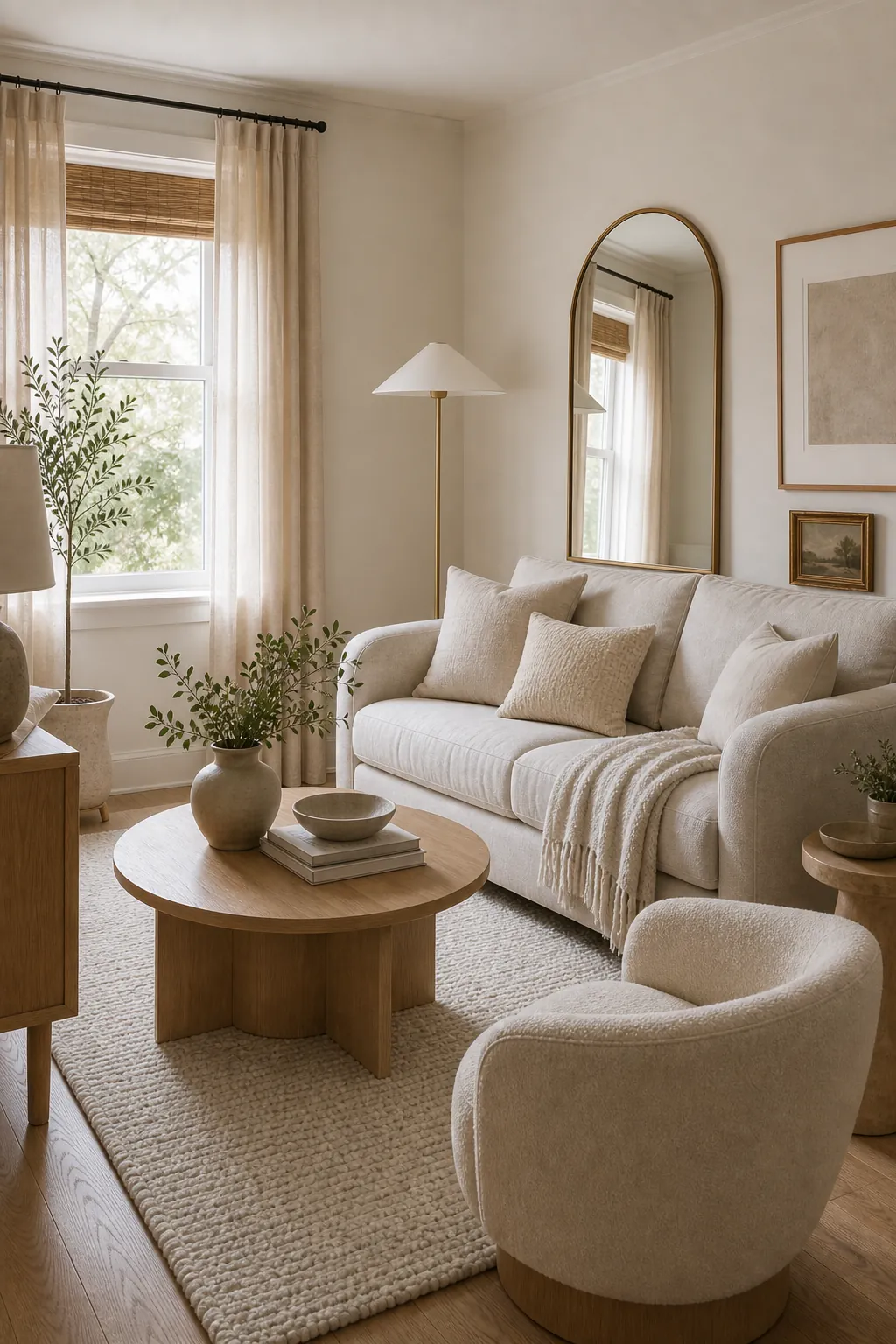 Small light room with curved chair, round oak table, arched mirror, and pale neutral seating