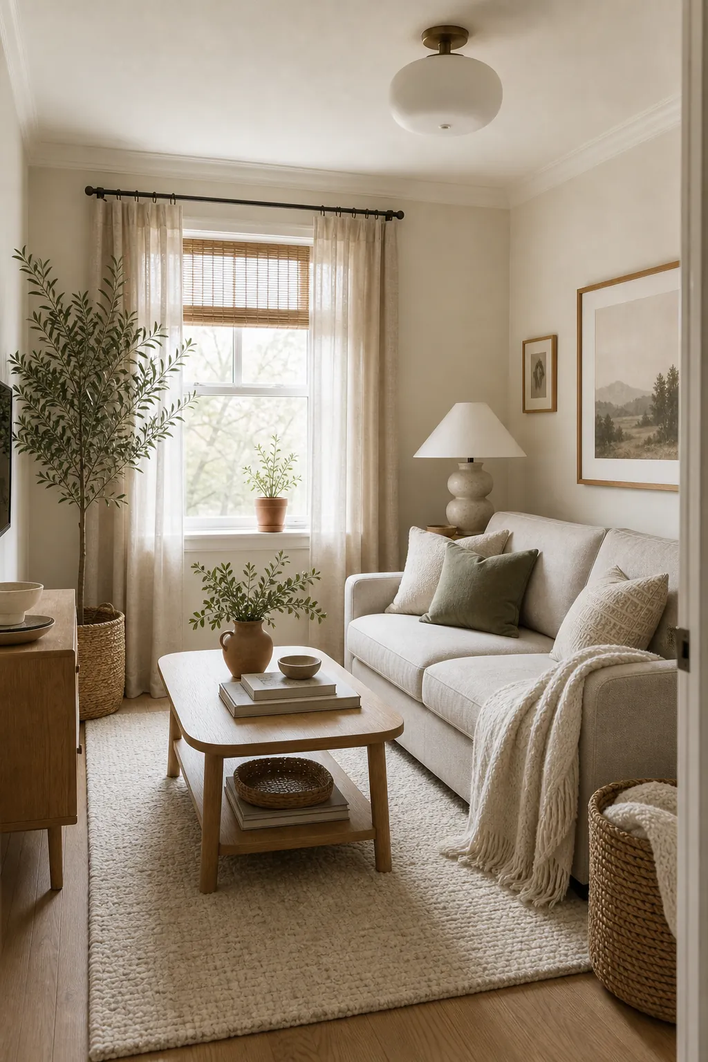 Small light-colored living room with pale sofa, textured rug, oak table, plants, and muted accents