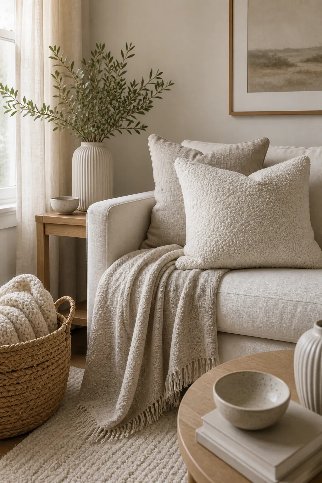 Light neutral sofa vignette with boucle pillow, linen throw, jute basket, ceramic vase, and oak table
