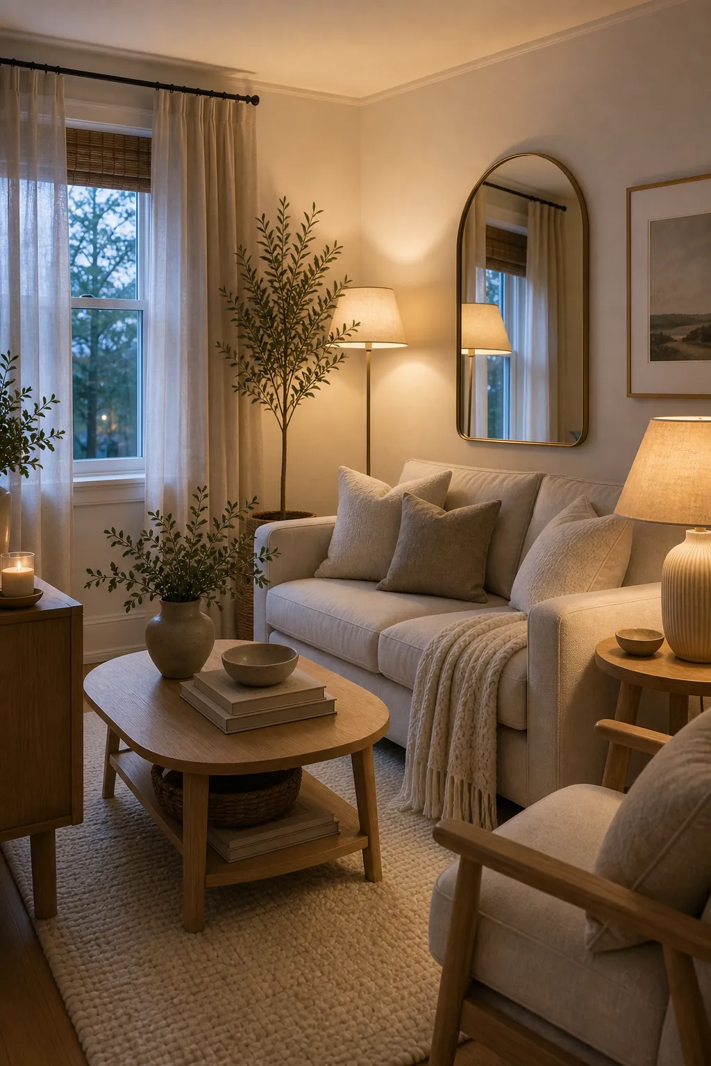 Light neutral small living room with floor lamp, table lamp, mirror, and soft evening glow