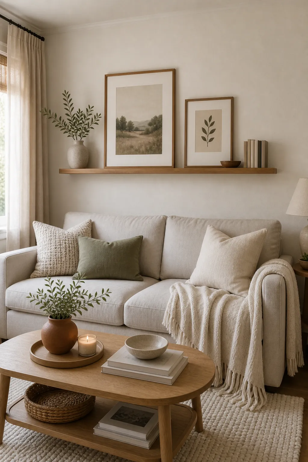 Light small living room wall styled with framed neutral art, oak picture ledge, books, vase, and pale sofa