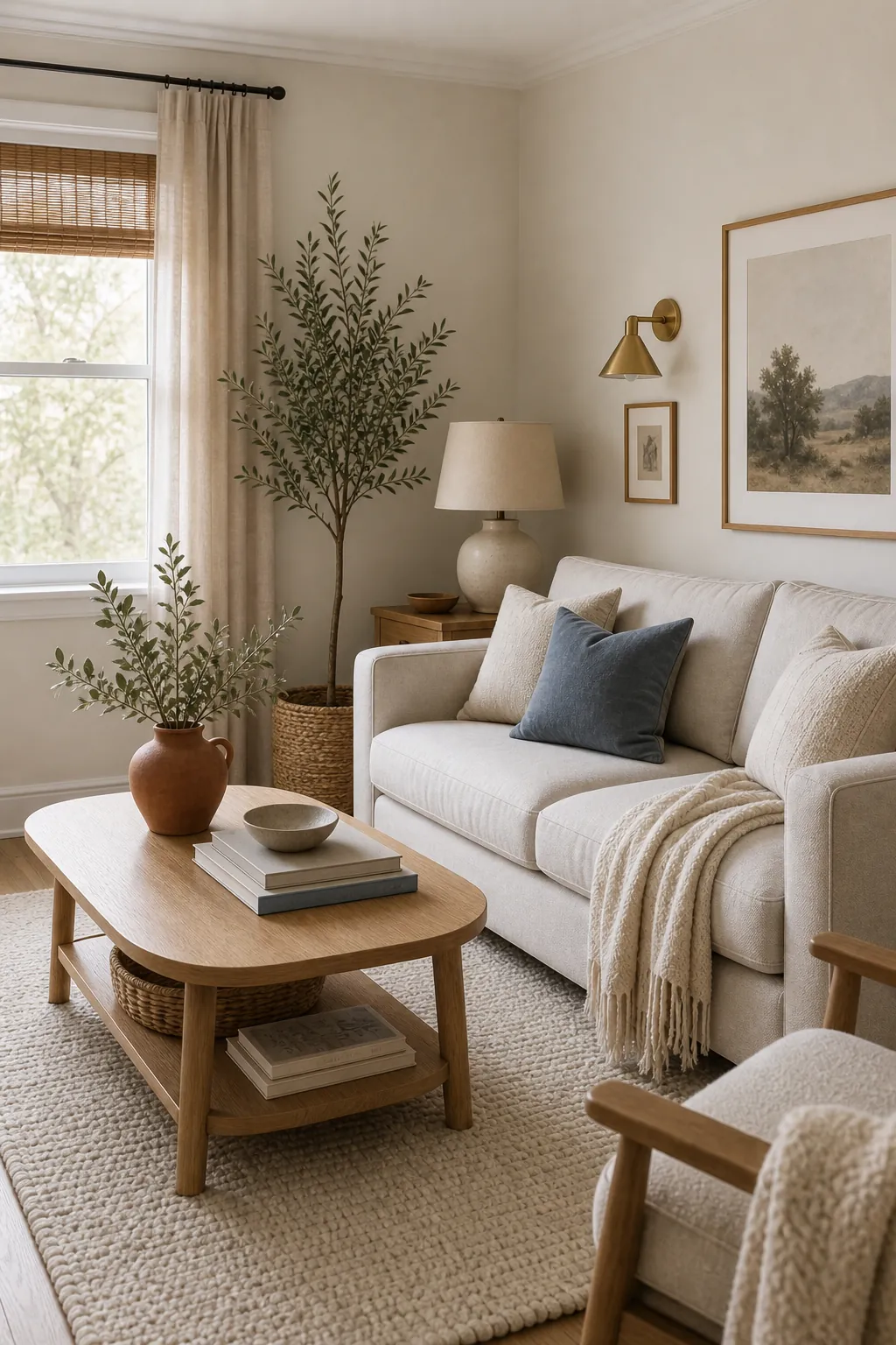 Light small living room with muted blue pillow, clay vase, sage plant, brass light, and oak table