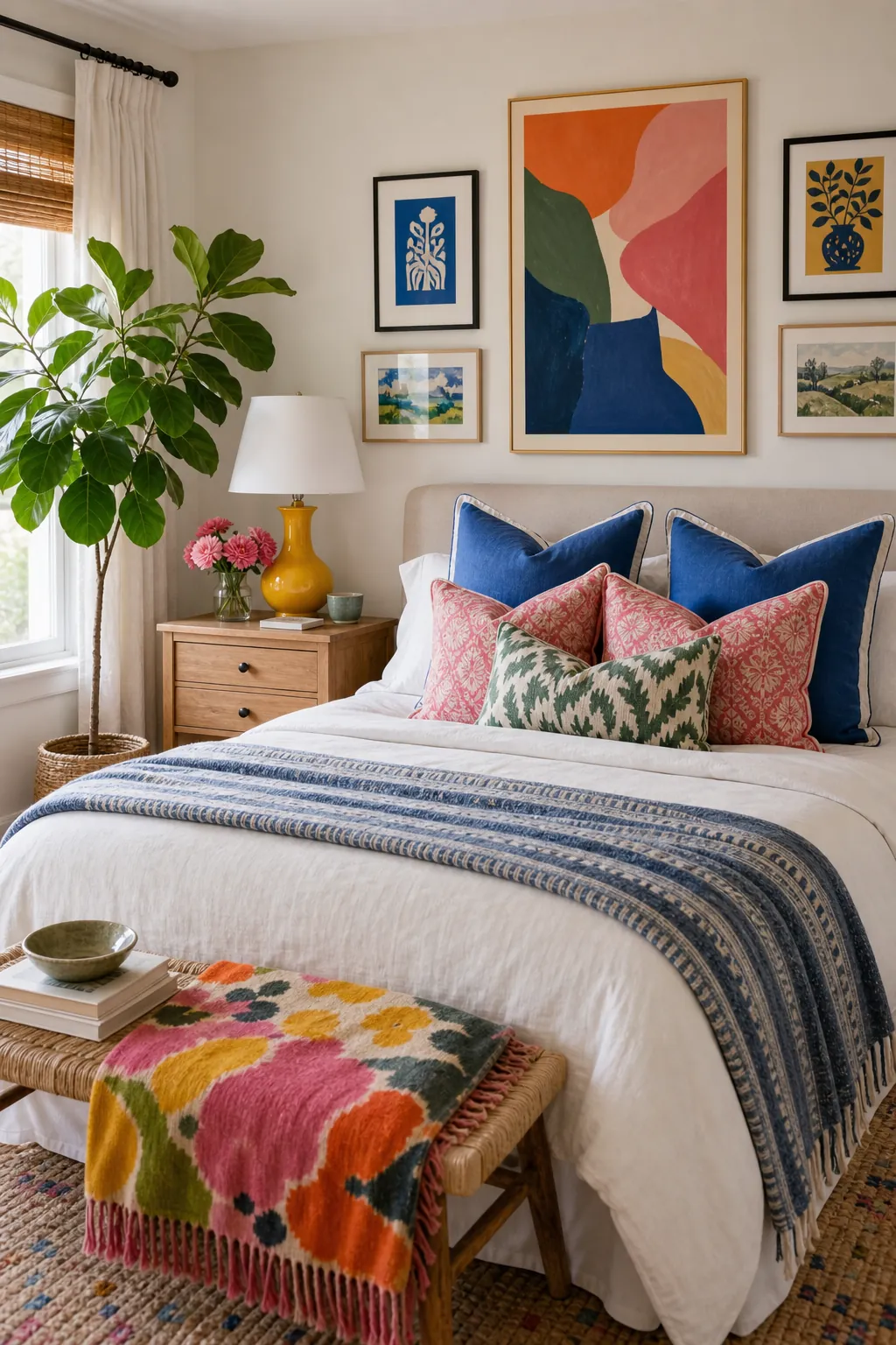 Bright color room ideas with colorful bedding art and balanced neutral furniture