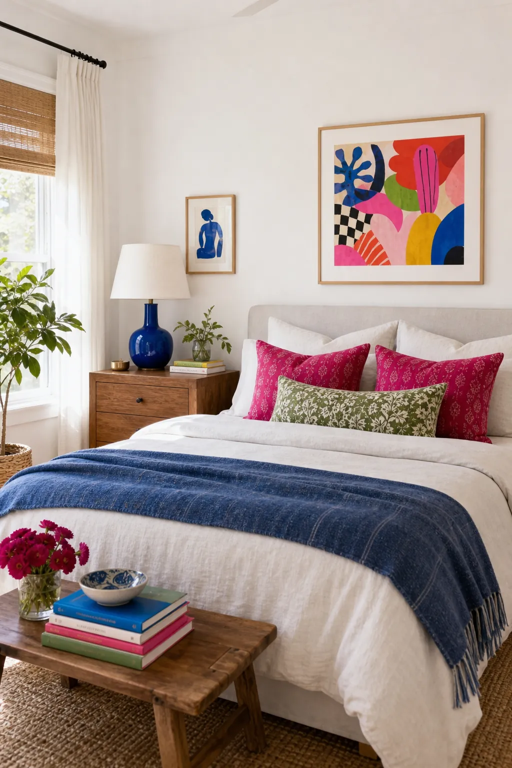White room with pops of color through art bedding and bright decor accents