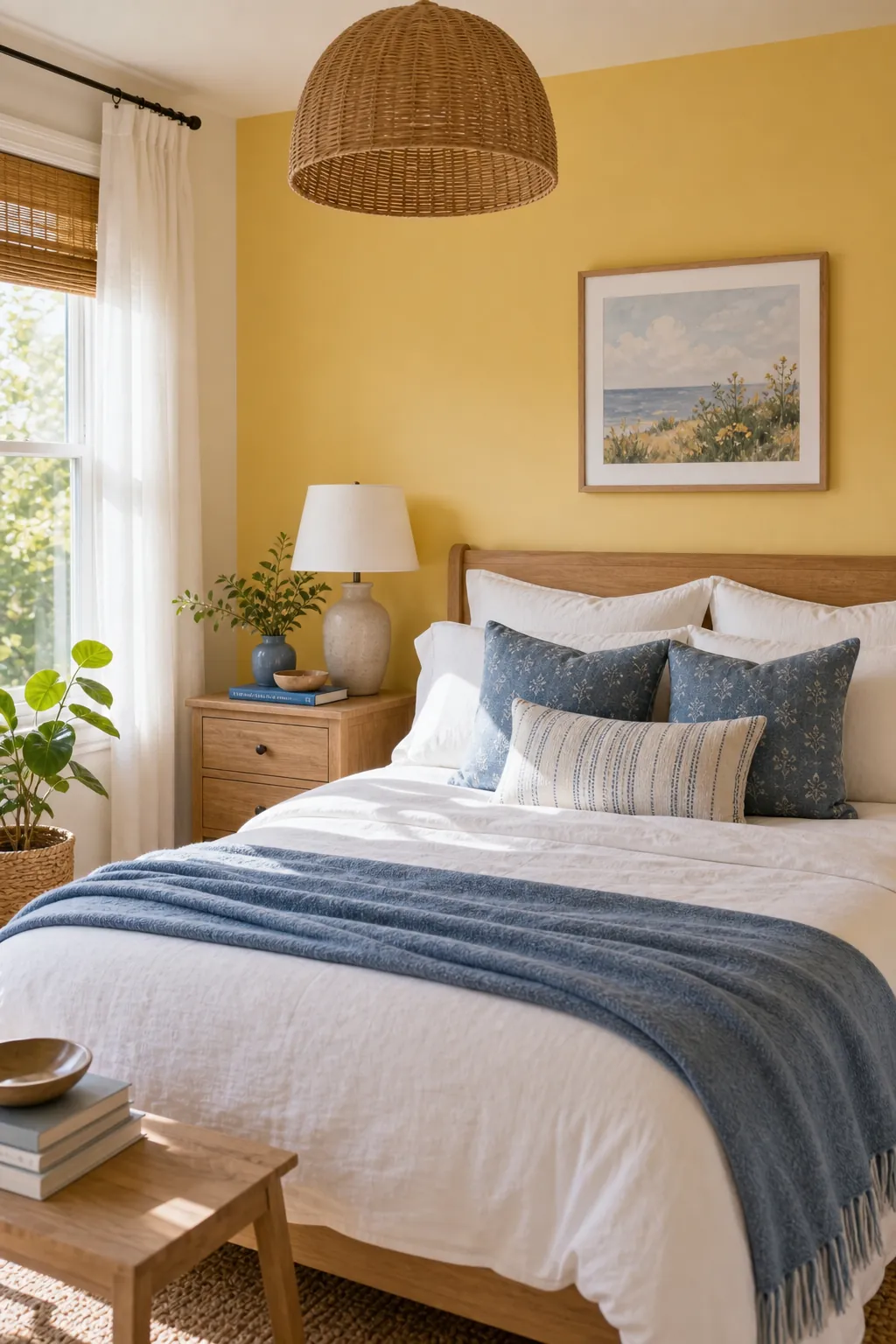 Bright yellow bedroom wall with white bedding and blue accent decor