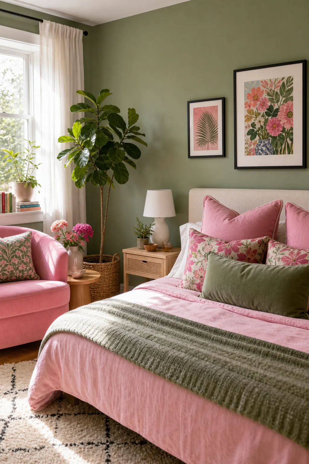 Pink and green colorful room aesthetic with plants and bright layered textiles