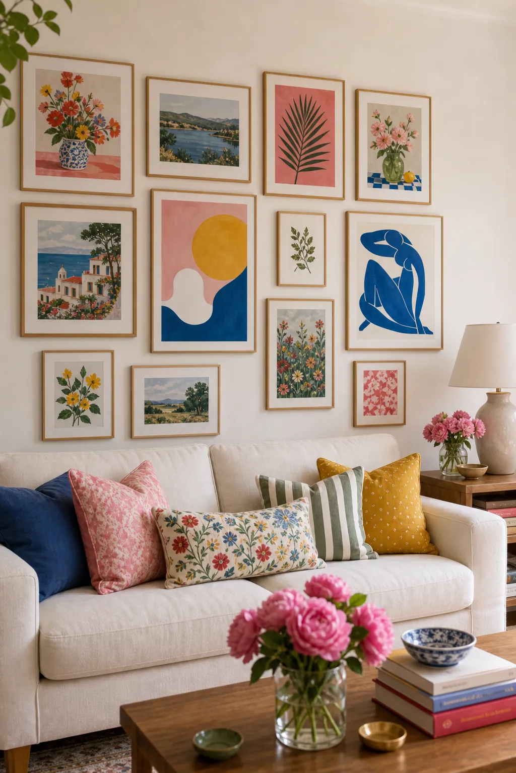 Colorful gallery wall room idea with bright art pillows and balanced neutral furniture