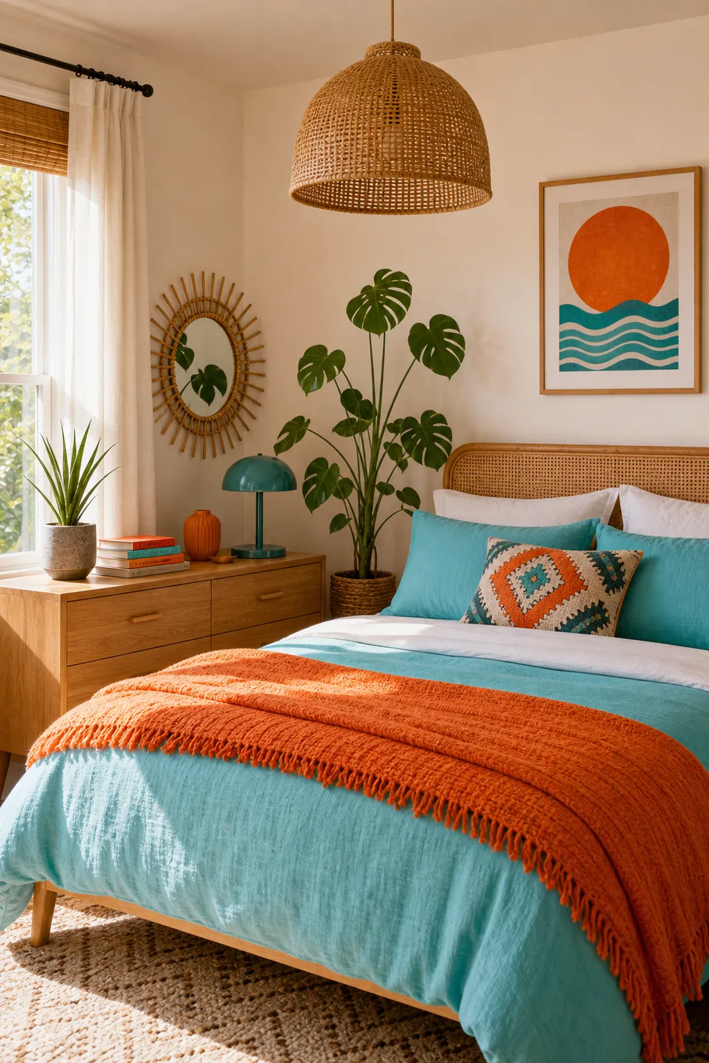Orange and turquoise bright color bedroom idea with patterned textiles