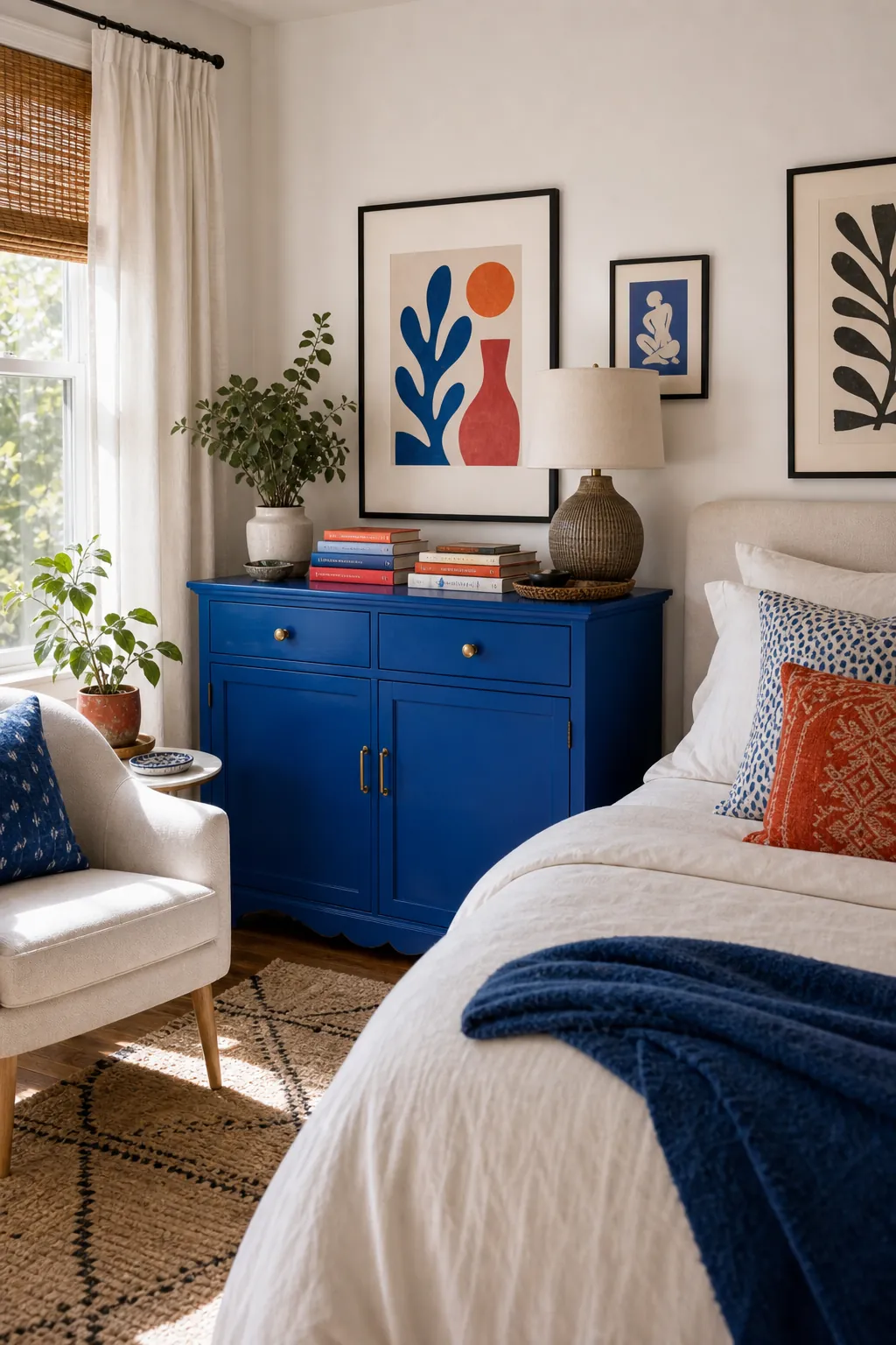 Cobalt blue bright room accent with colorful books art and neutral furniture