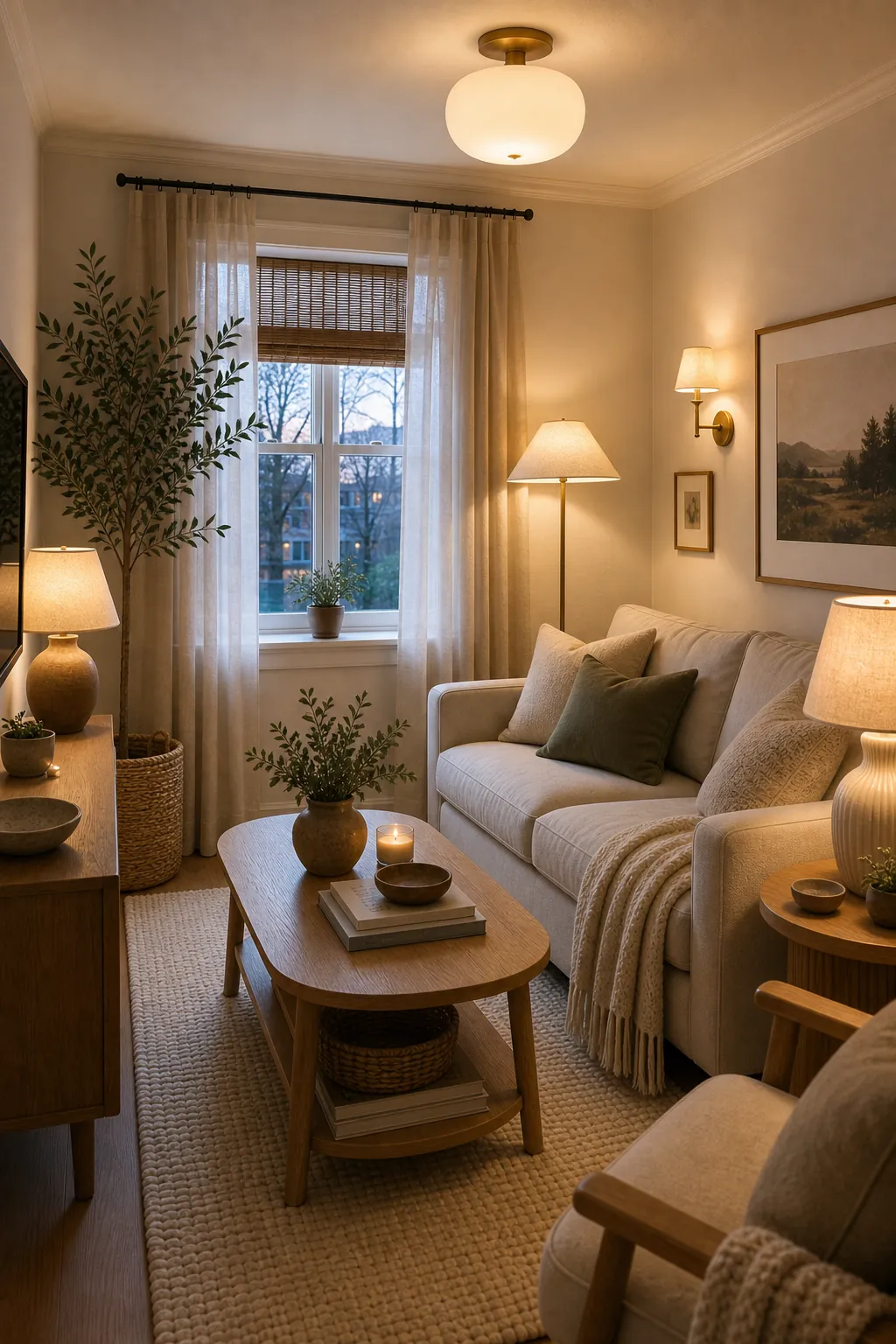 Small living room with ceiling fixture, wall sconce, table lamp, and floor lamp for layered lighting