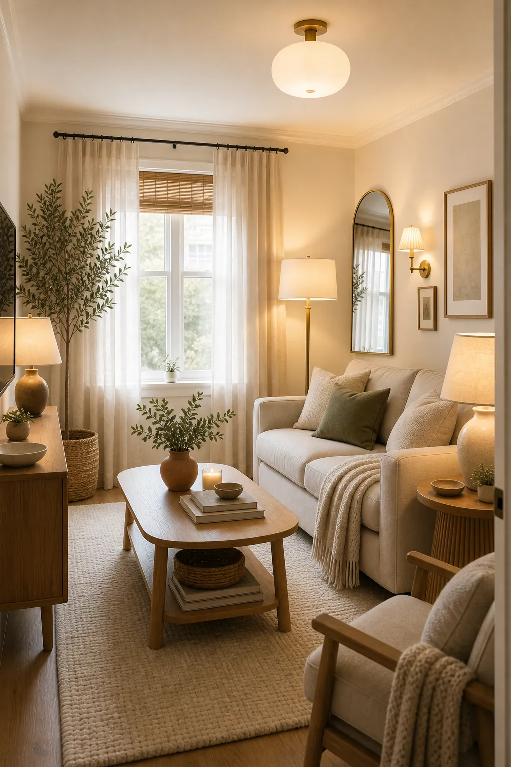 Small apartment living room with layered ceiling, wall, table, and floor lighting plus a mirror and window