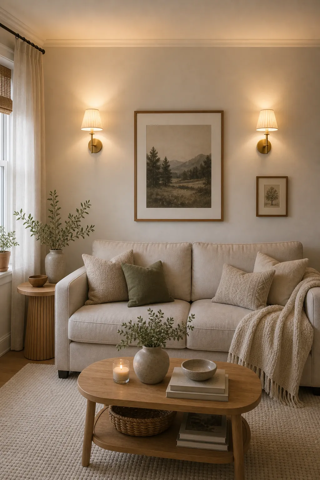 Small sofa wall with two brass wall lights, framed art, pale sofa, and warm room lighting