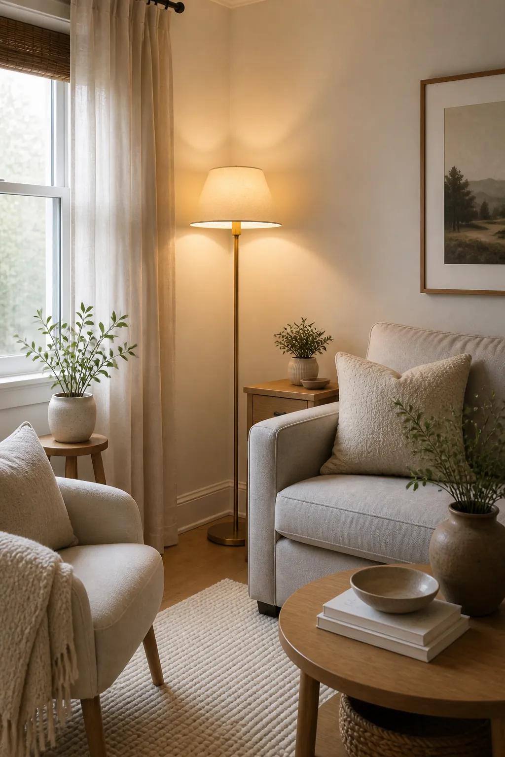 Small room corner brightened by a slim floor lamp beside pale seating and sheer curtains