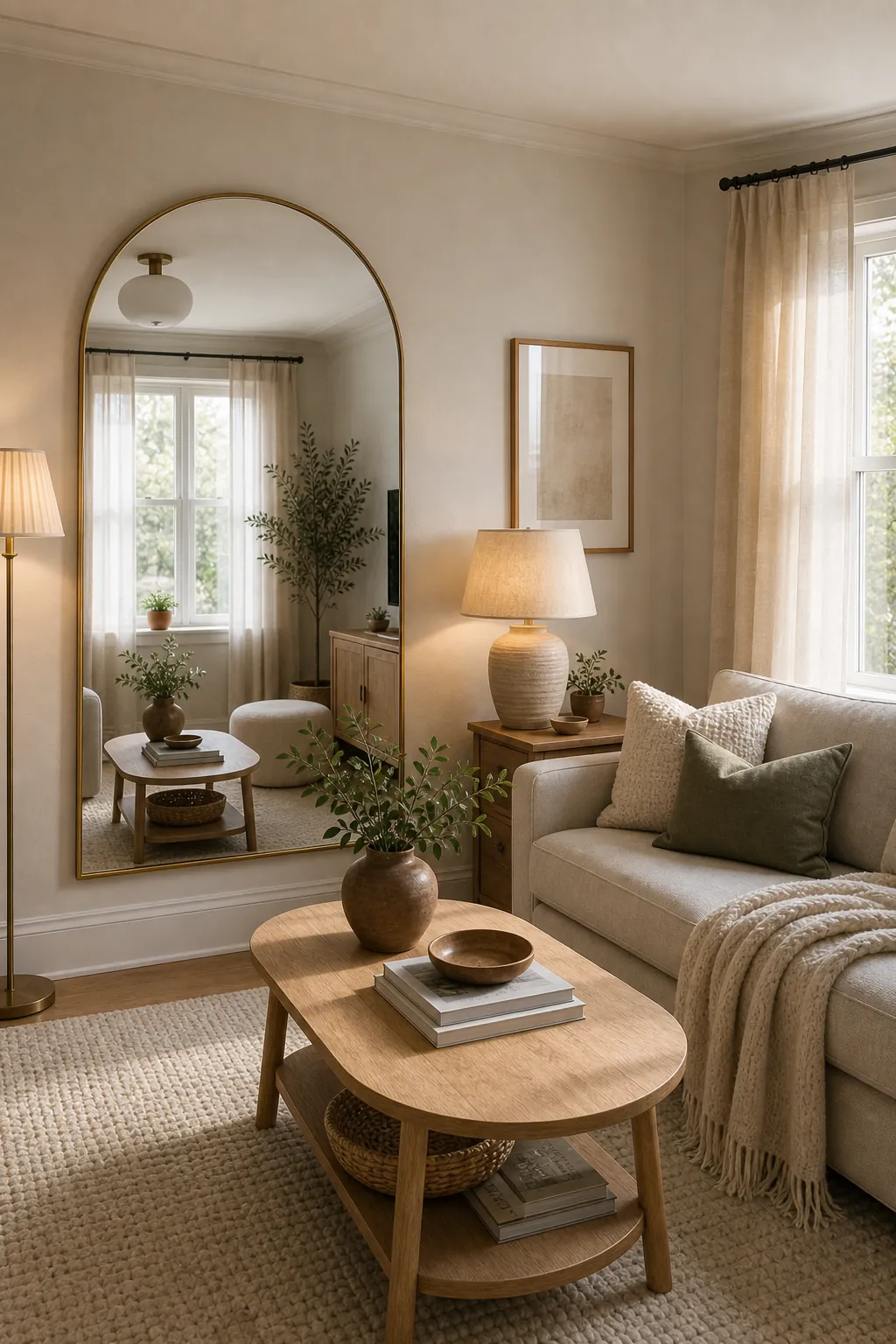 Large arched mirror reflecting window light in a small living room to add depth
