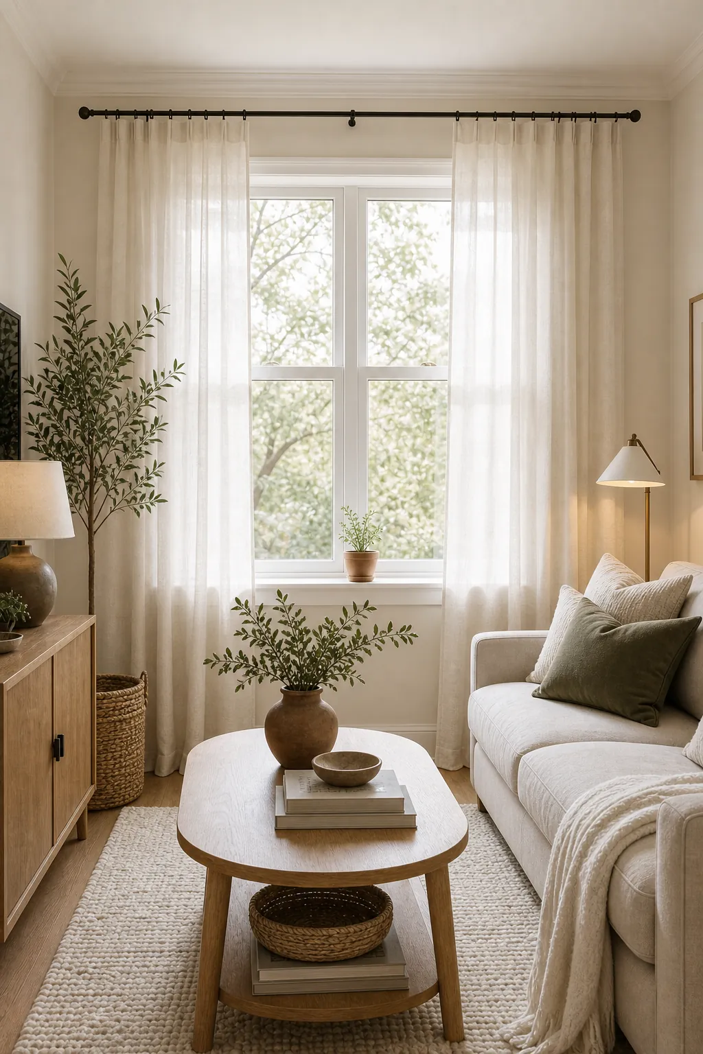 Small living room window with high wide sheer curtains letting daylight spread into the room