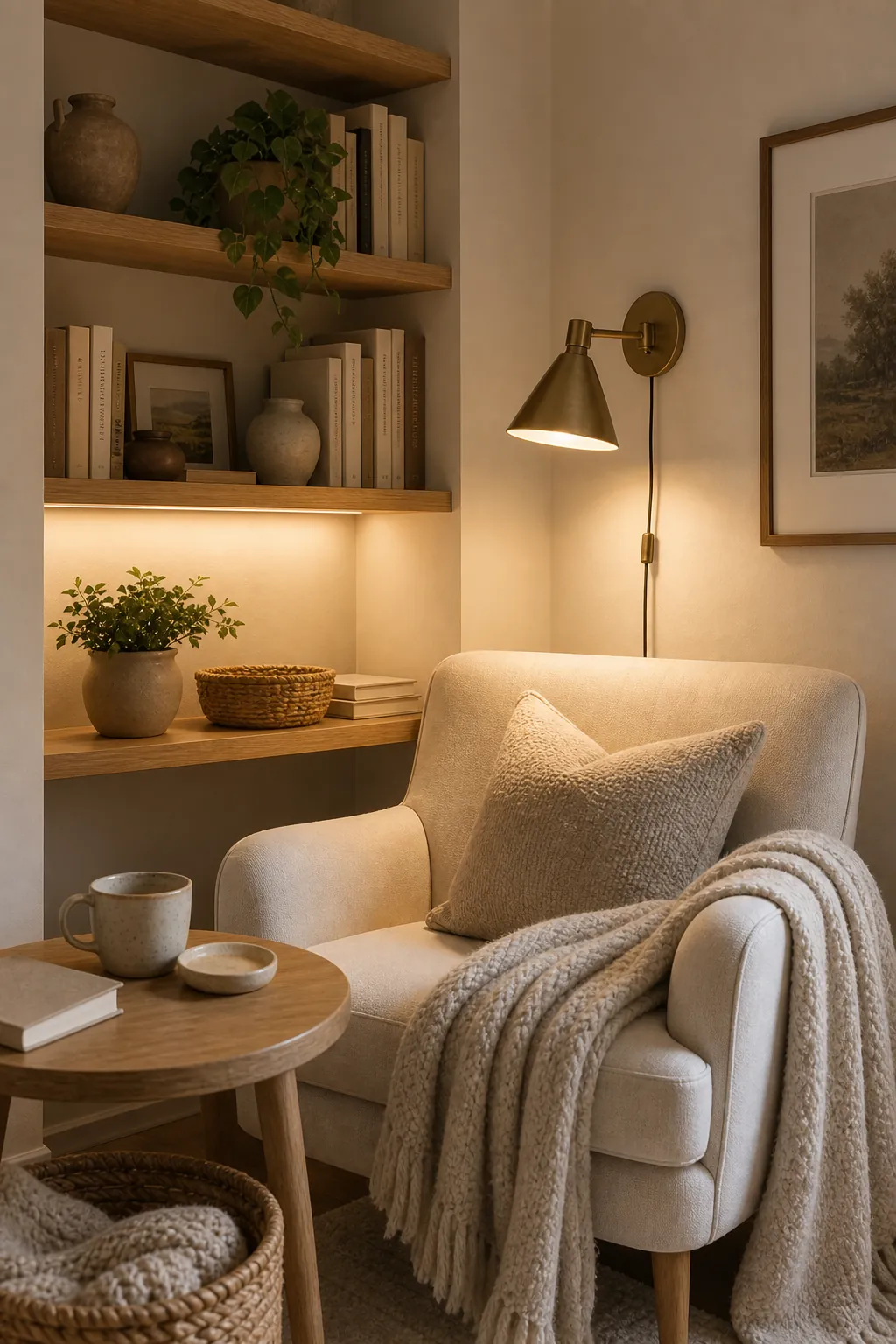 Small reading nook with plug-in wall lamp, warm shelf lighting, oak shelves, books, and pale chair