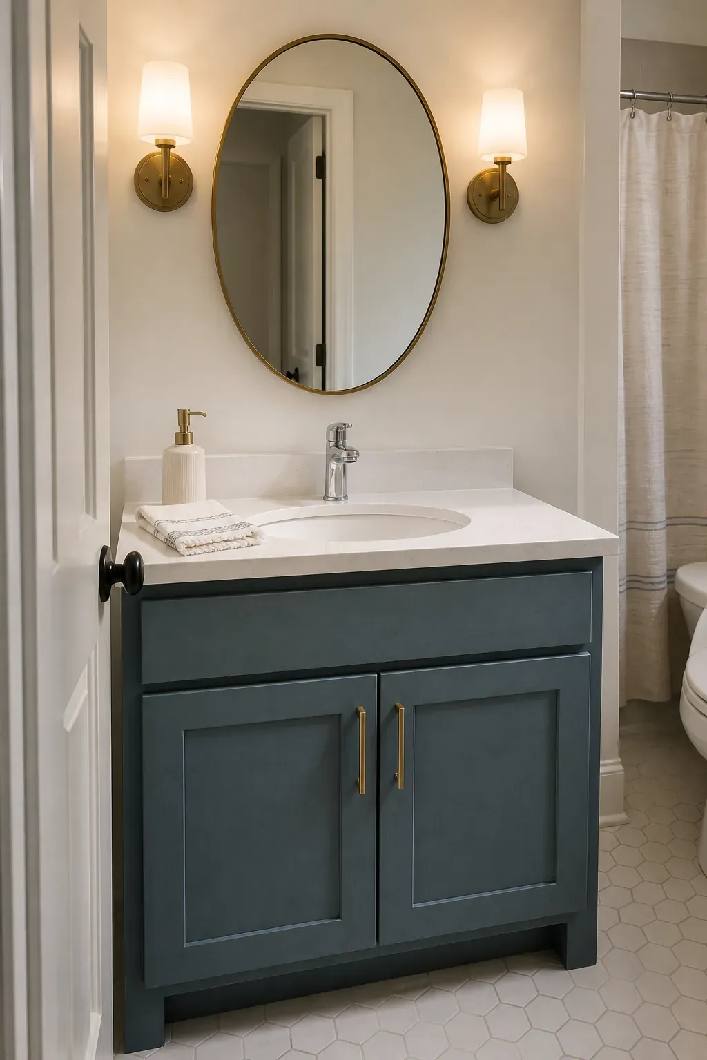 Builder grade vanity transformed with paint, hardware, mirror, and soft lighting