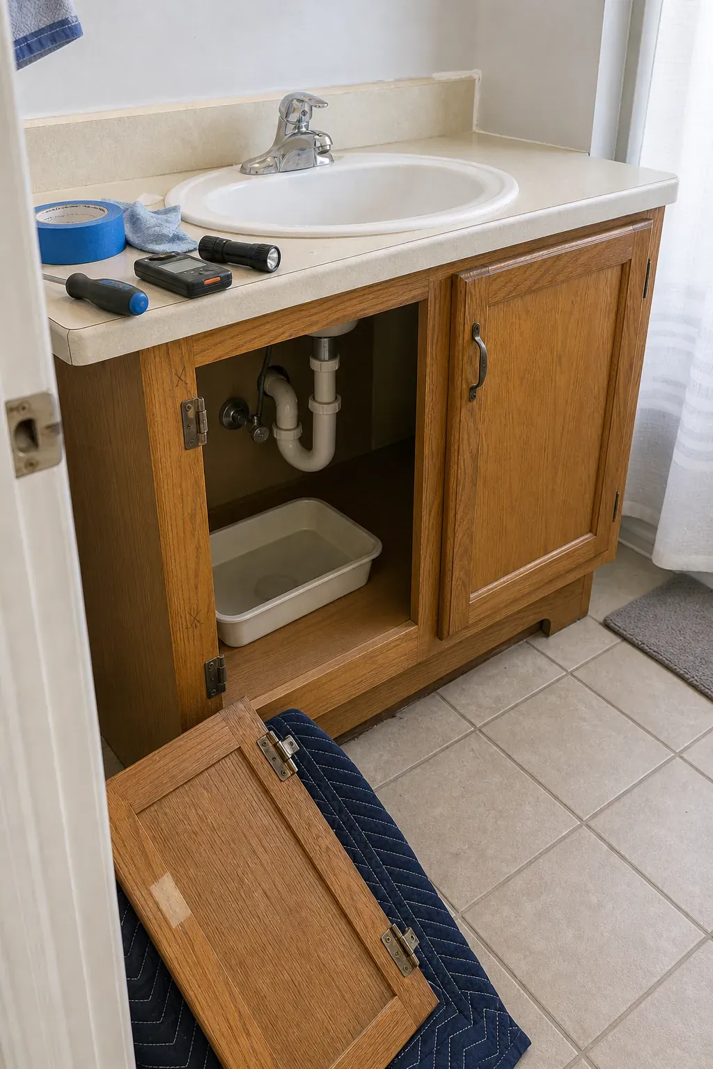 Builder grade bathroom vanity being prepared with aligned doors and fresh caulk