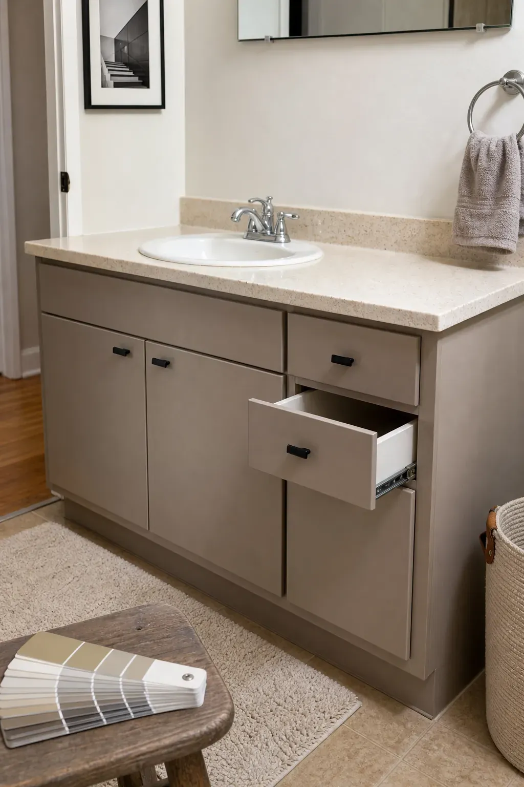 Freshly painted builder grade vanity with a durable satin cabinet finish