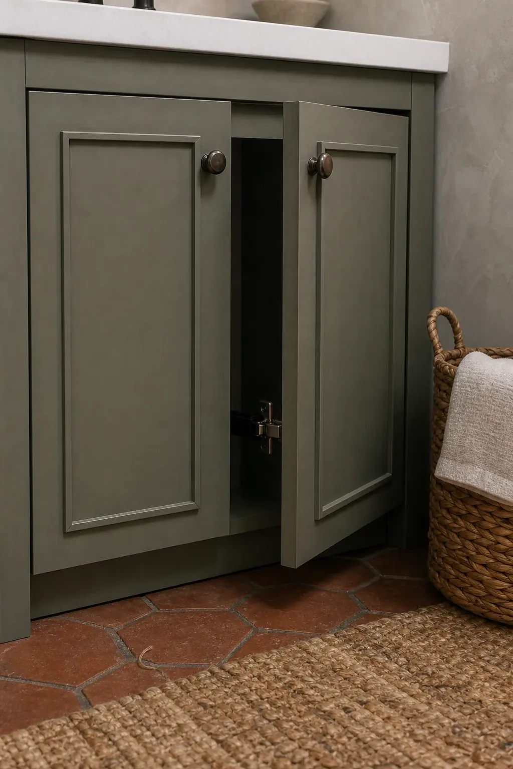 Simple applied molding adding depth to flat bathroom vanity doors