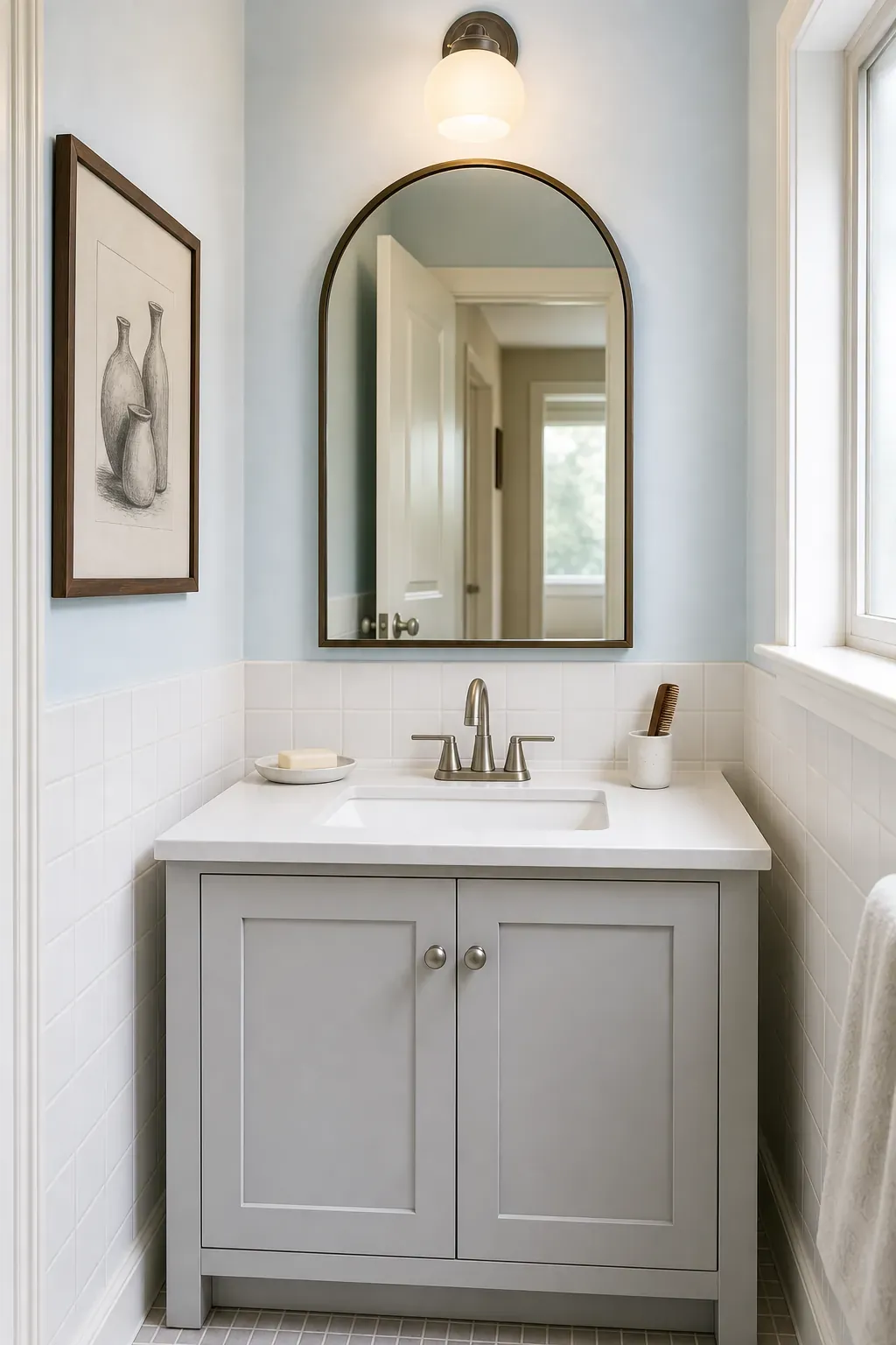 Framed bathroom mirror scaled correctly above a builder grade vanity
