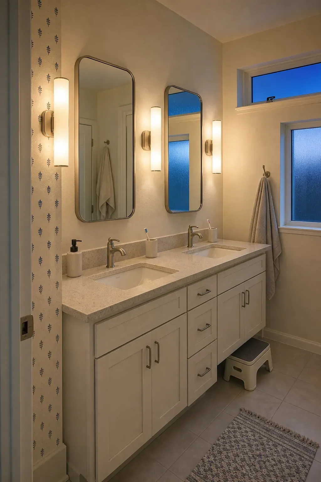 Soft face-level sconces illuminating an updated bathroom vanity