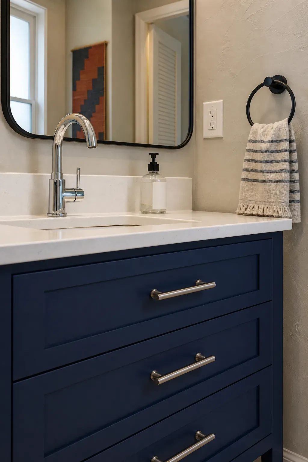 Coordinated bathroom vanity pulls and faucet on an updated cabinet