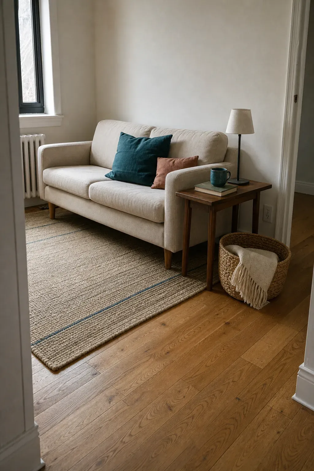 Small living room palette built around warm oak flooring and teal accents